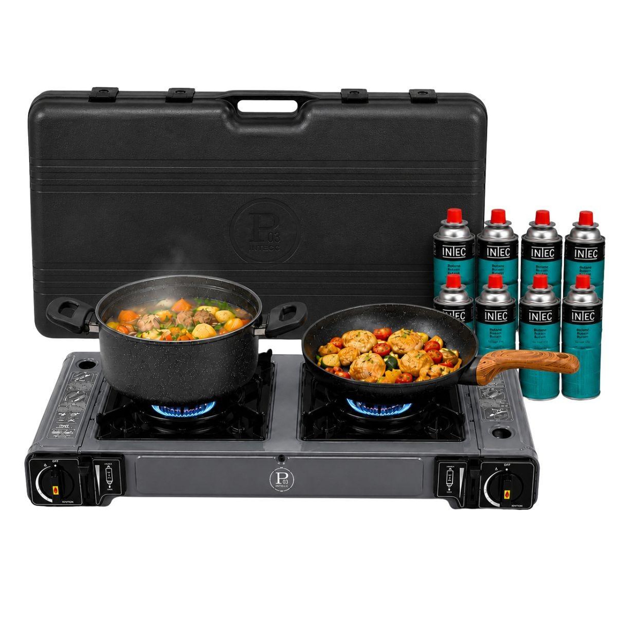 INTEC Réchaud à gaz 2 feux 3800w allumage piezo + 8 cartouches gaz butane - cuisinière à gaz portable camping cuisine extérieure intec