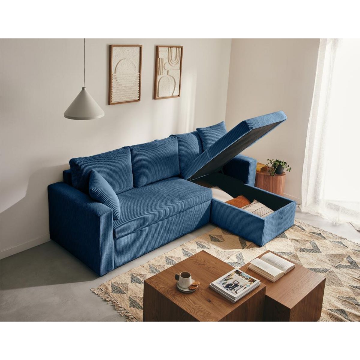 BEST MOBILIER Cyrus - canapé d'angle réversible 4 places - convertible avec coffre - en velours côtelé