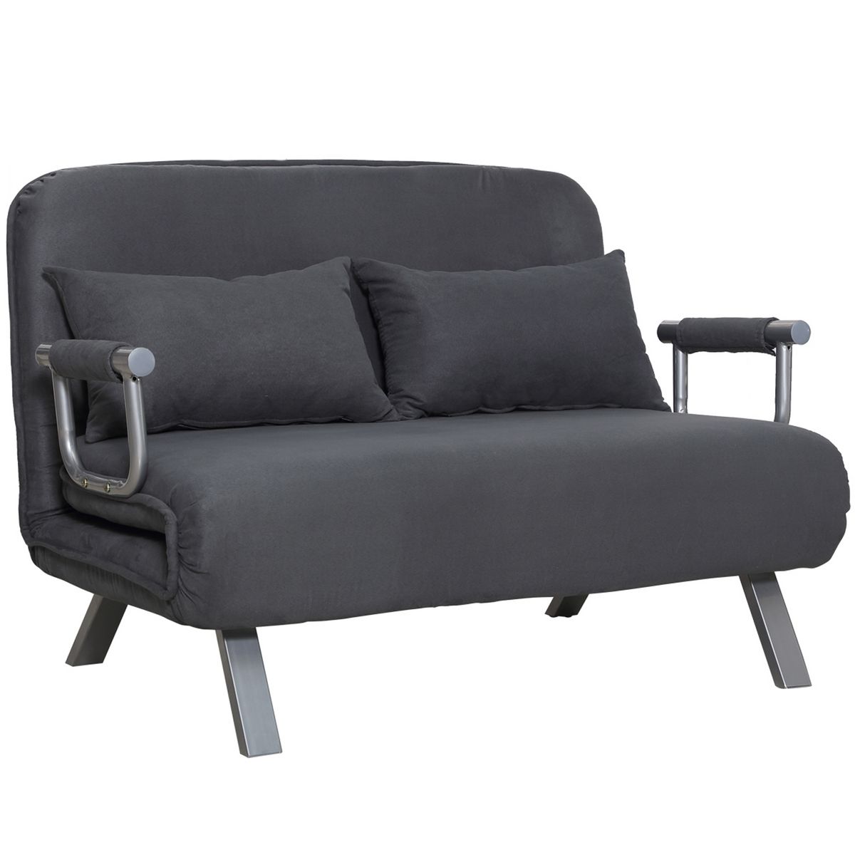 HOMCOM Canapé-lit canapé convertible 2 places déhoussable grand confort 2 coussins fournis pieds accoudoirs métal suède gris foncé