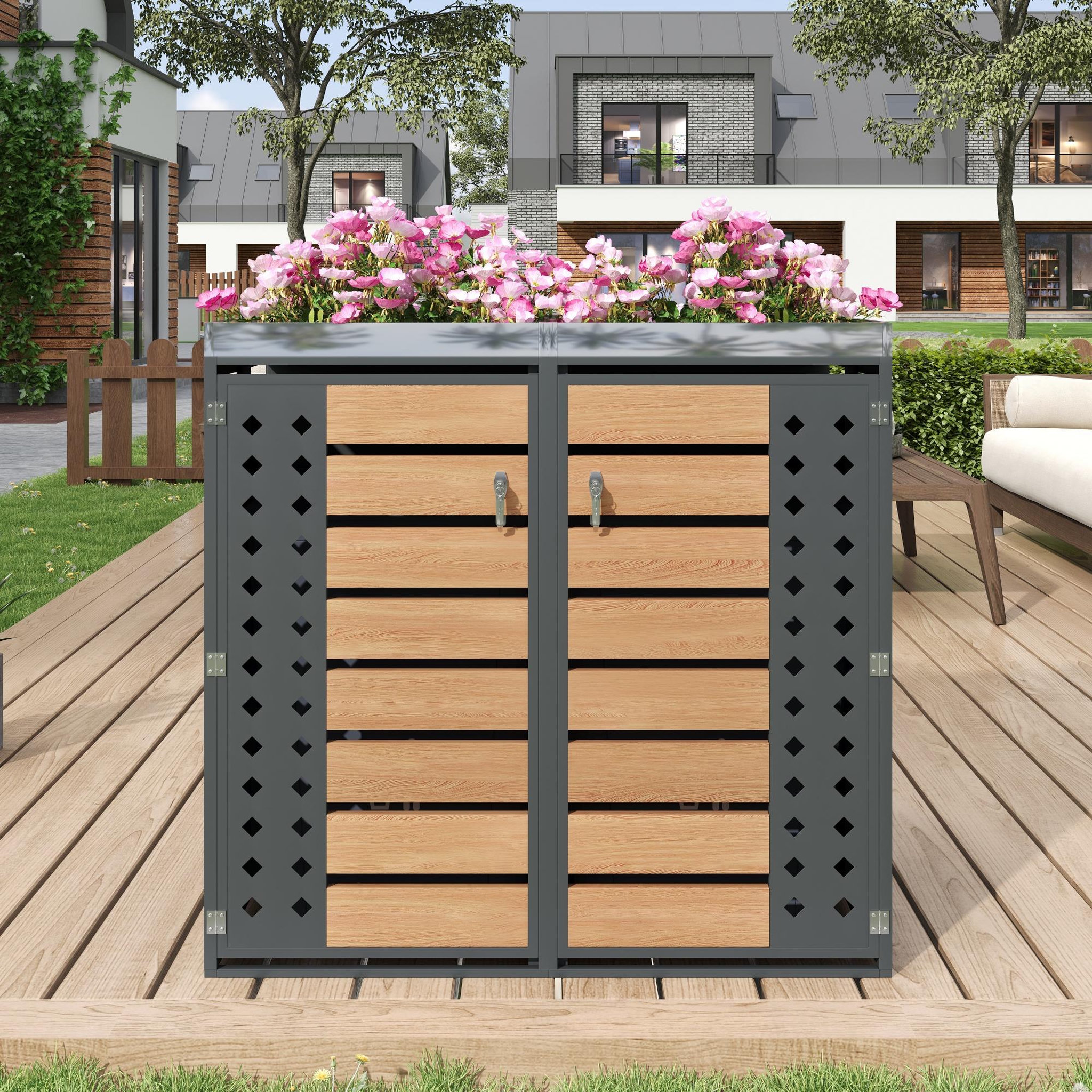 Voir la diapositive 2 : MERAX Cache Poubelle Extérieur 2 Bacs avec Verrouillage et Jardinière, Gris