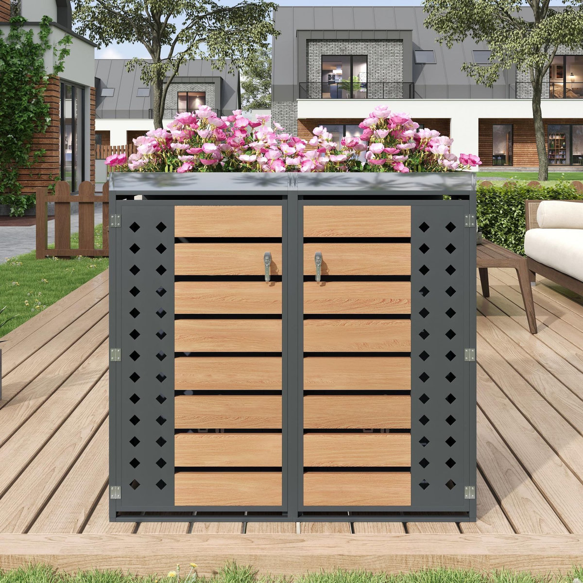 MERAX Cache Poubelle Extérieur 2 Bacs avec Verrouillage et Jardinière, Gris