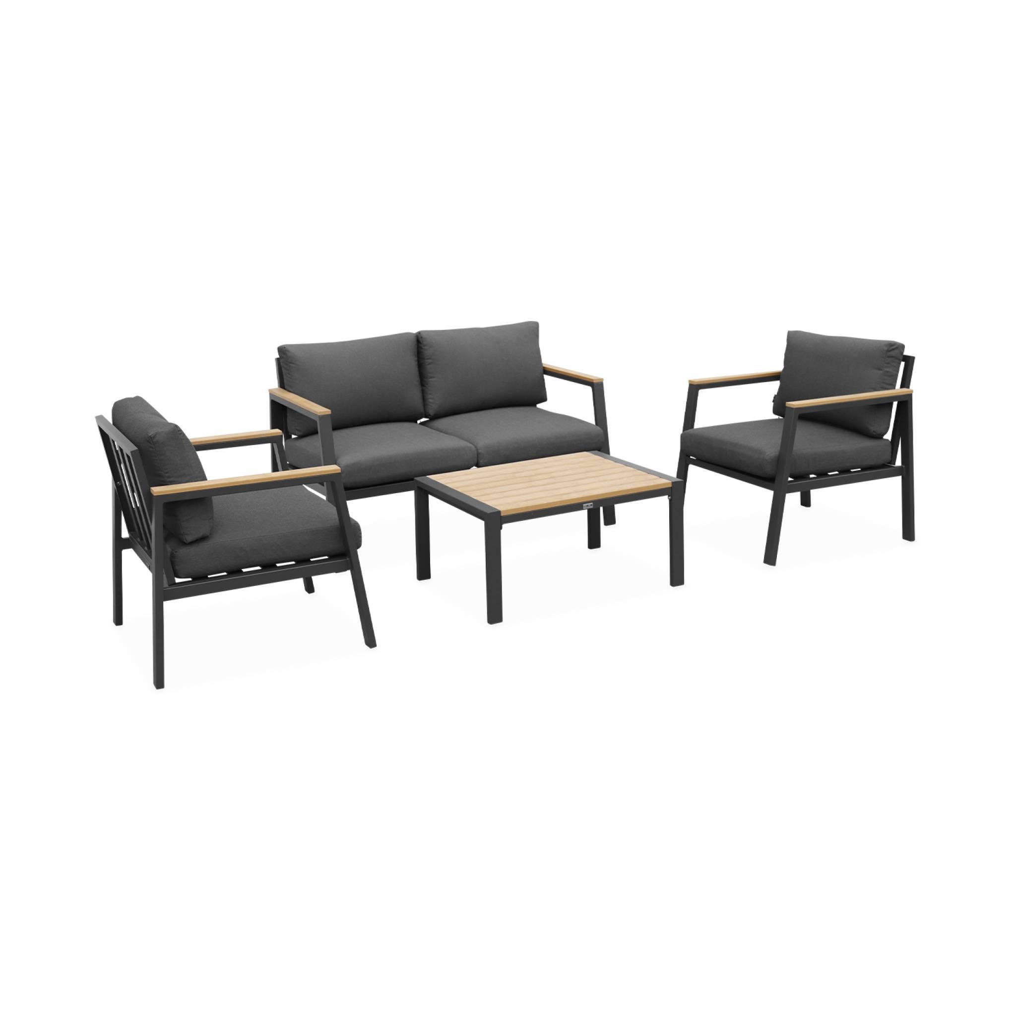 Voir la diapositive 1 : SWEEEK Salon de jardin Casoria, aluminium et polywood 4 places, 1 canapé, 2 fauteuils, 1 table basse