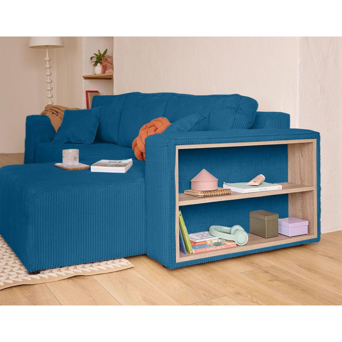 BEST MOBILIER Topaze - canapé d'angle réversible 4 places - convertible avec coffre, tablette et poufs - en velours côtelé