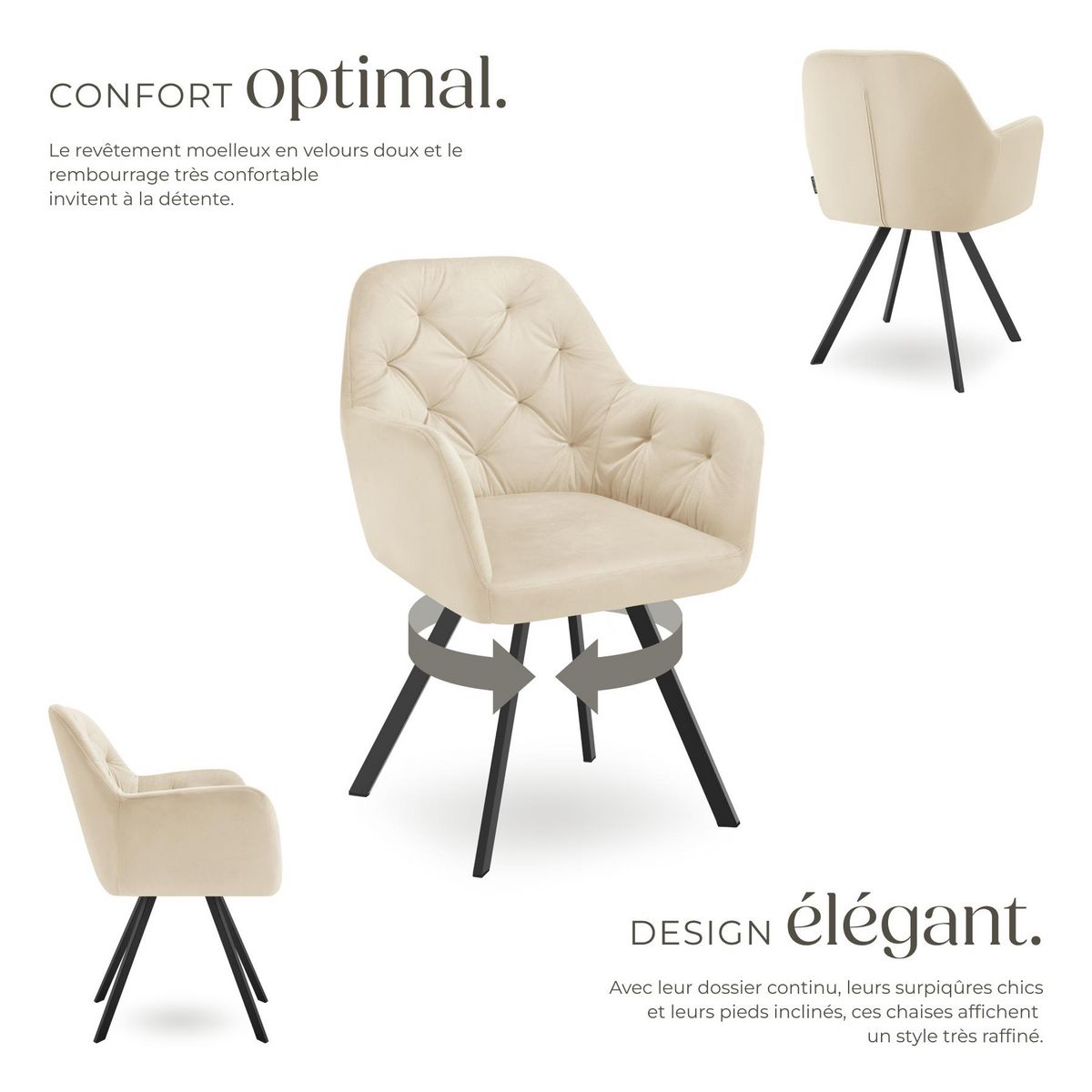 tectake Fauteuil pivotant en velours avec accoudoirs rembourré avec motif matelassé crème Lot de 6