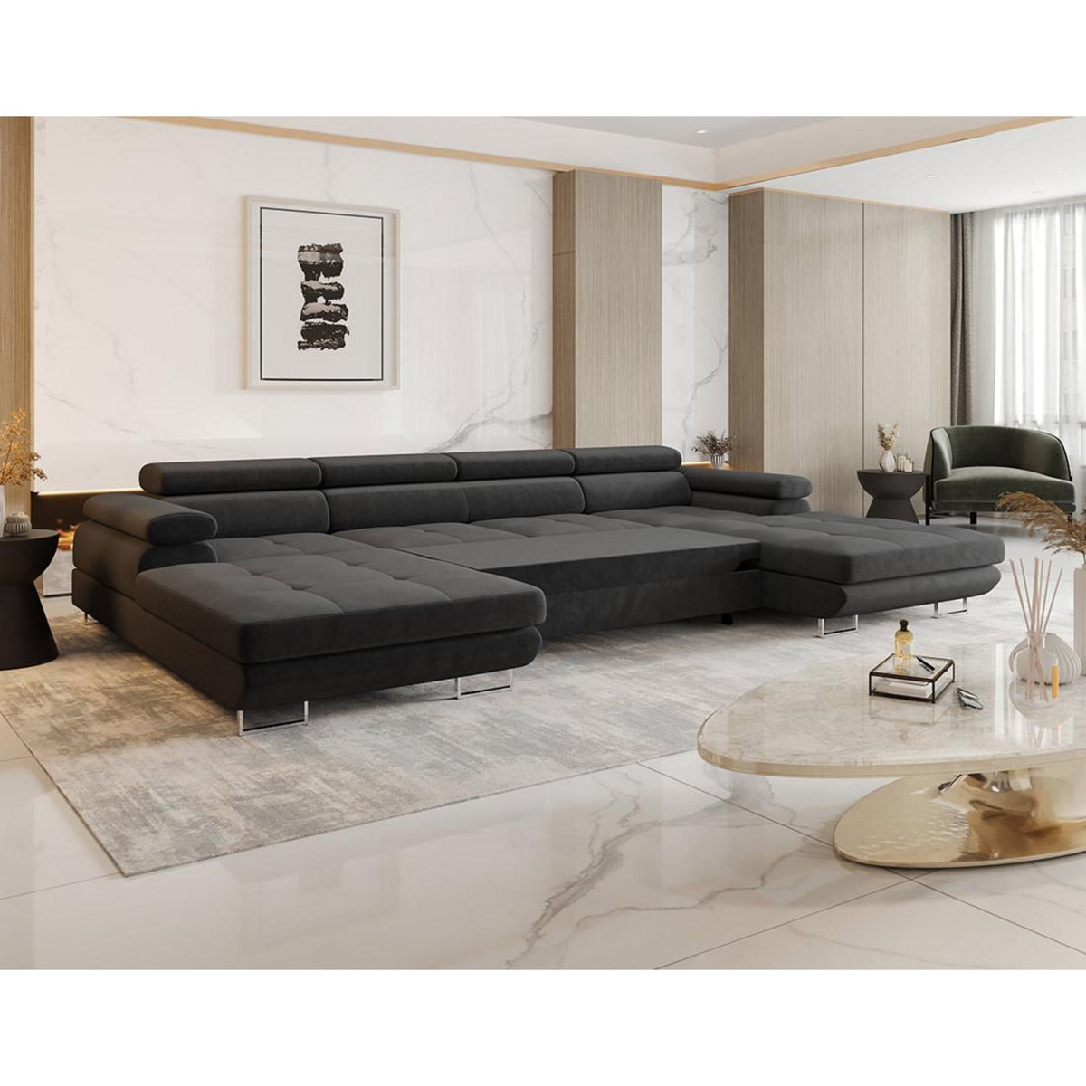 BEST MOBILIER Ayden - canapé panoramique en u 7 places convertible avec coffre et têtières réglables en tissu