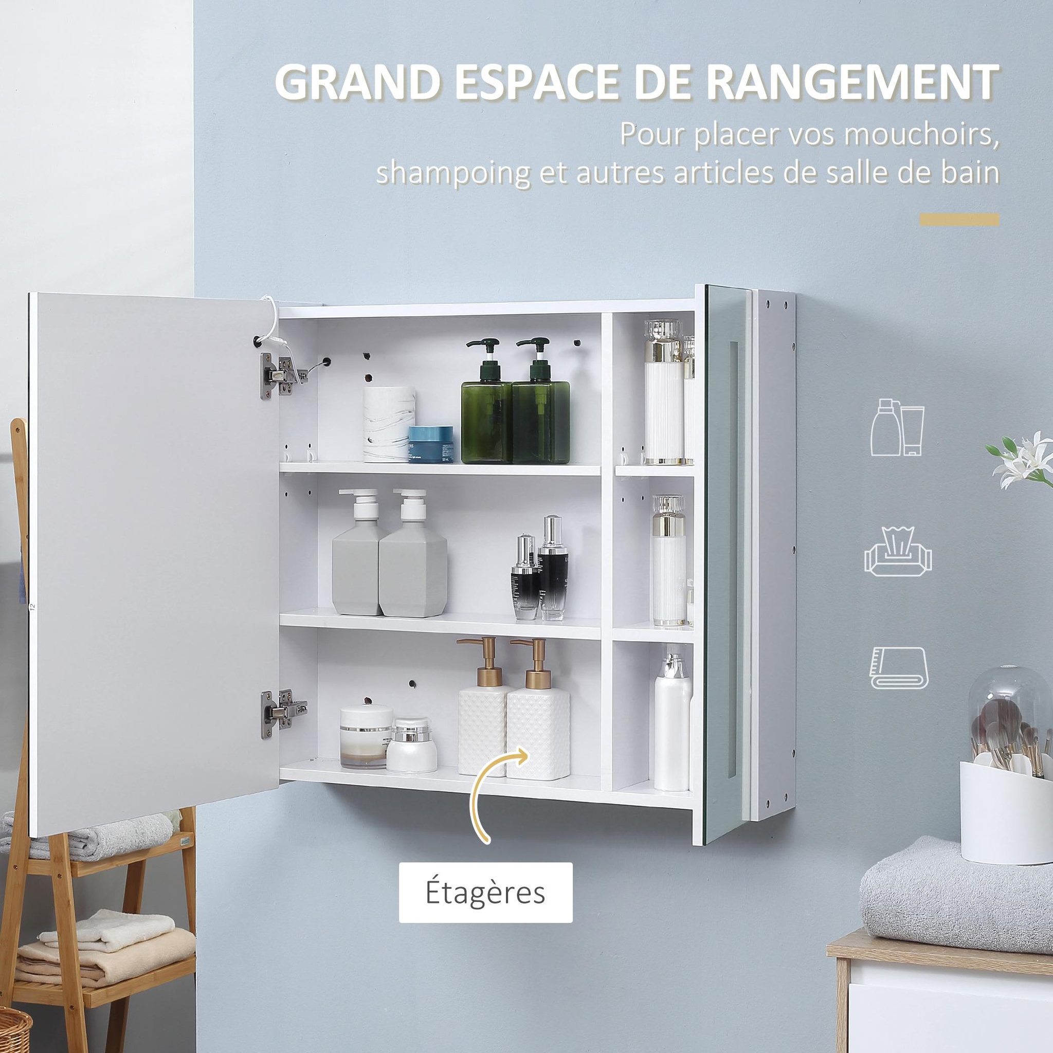 Voir la diapositive 5 : KLEANKIN Armoire de toilette miroir lumineux led 2 portes 3 niv. Blanc