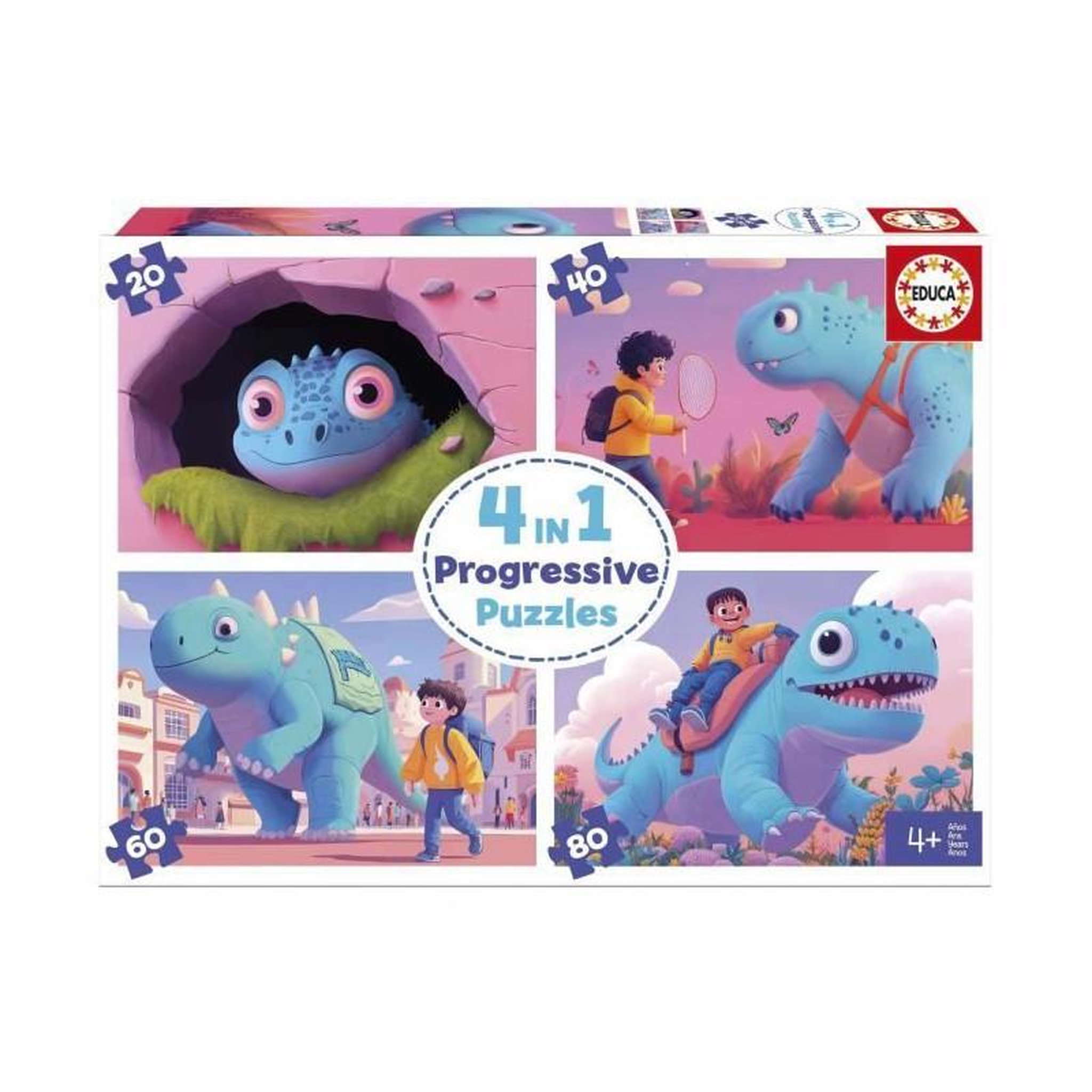 EDUCA 4 puzzles - Dinos sympathiques - 20 / 40 / 60 / 80 pièces - Educa
