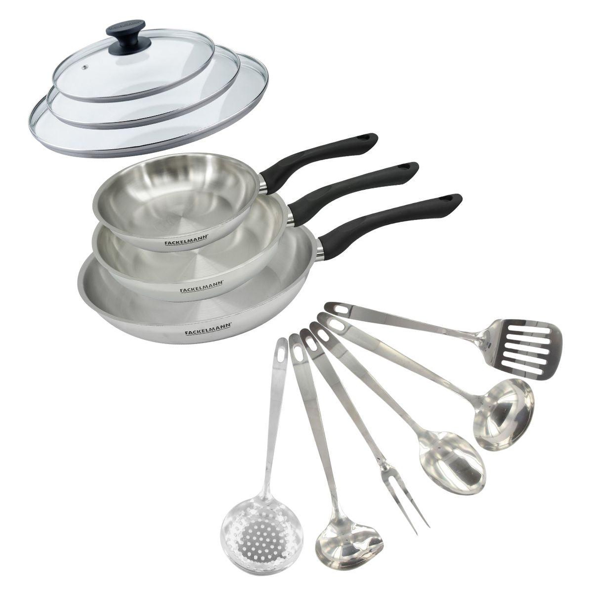Fackelmann Set 3 poêles 20 24 et 28 cm en inox, couvercles verre et 6 ustensiles inox fackelmann geneva