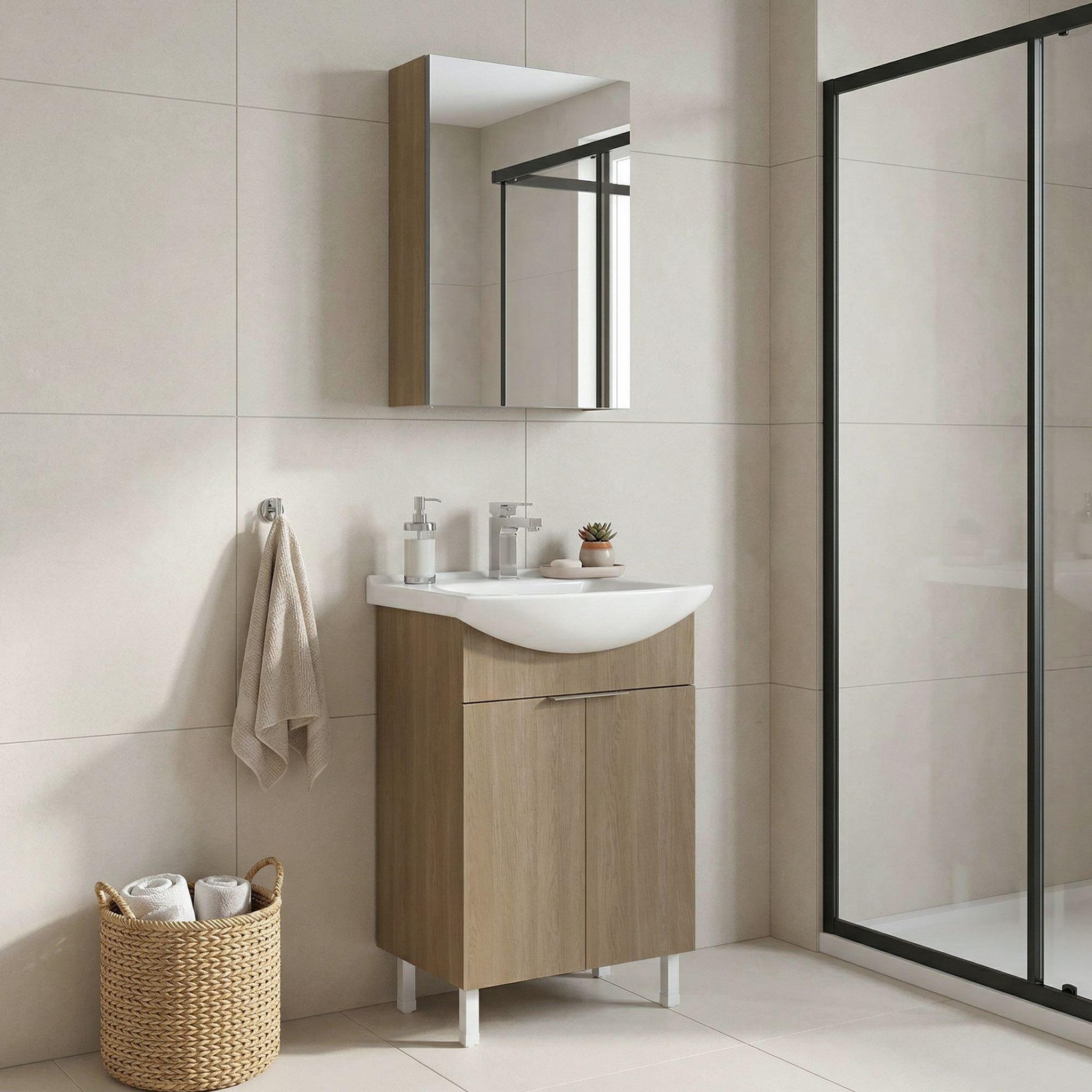 Voir la diapositive 2 : Habitat et Jardin Meuble avec simple vasque et miroir  Purus 55  - 55 x 50 x 83 cm - Oak