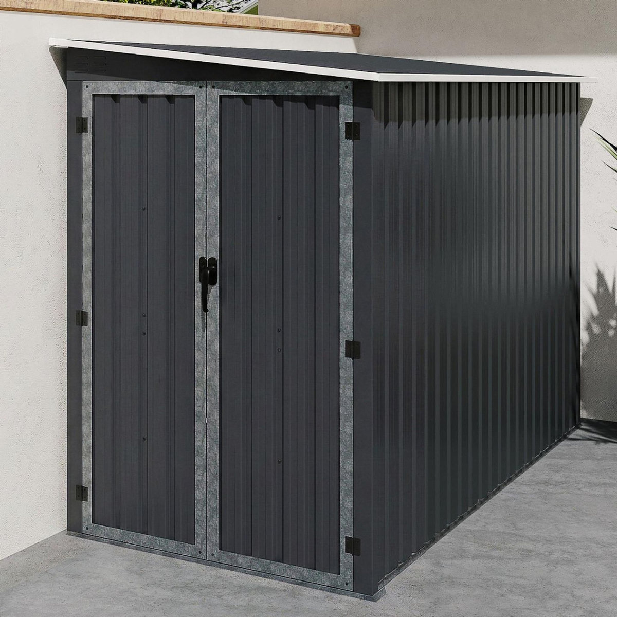 ID MARKET Abri de jardin adossé 3 m² gris en acier galvanisé avec base double porte latérale