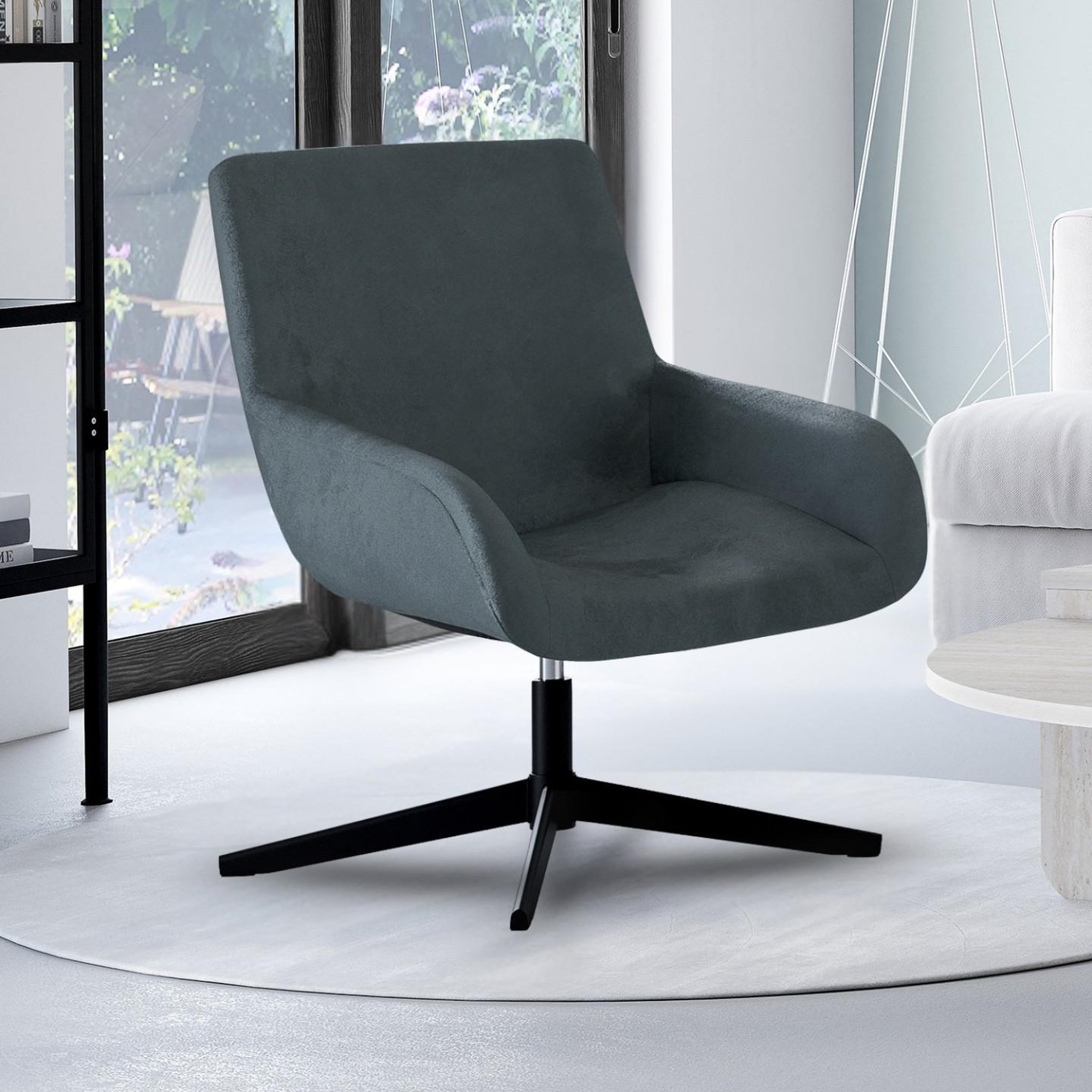 Voir la diapositive 2 : ID MARKET Fauteuil pivotant ALBUS en velours gris pieds noirs