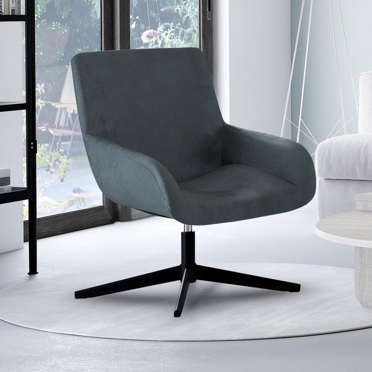 ID MARKET Fauteuil pivotant ALBUS en velours gris pieds noirs