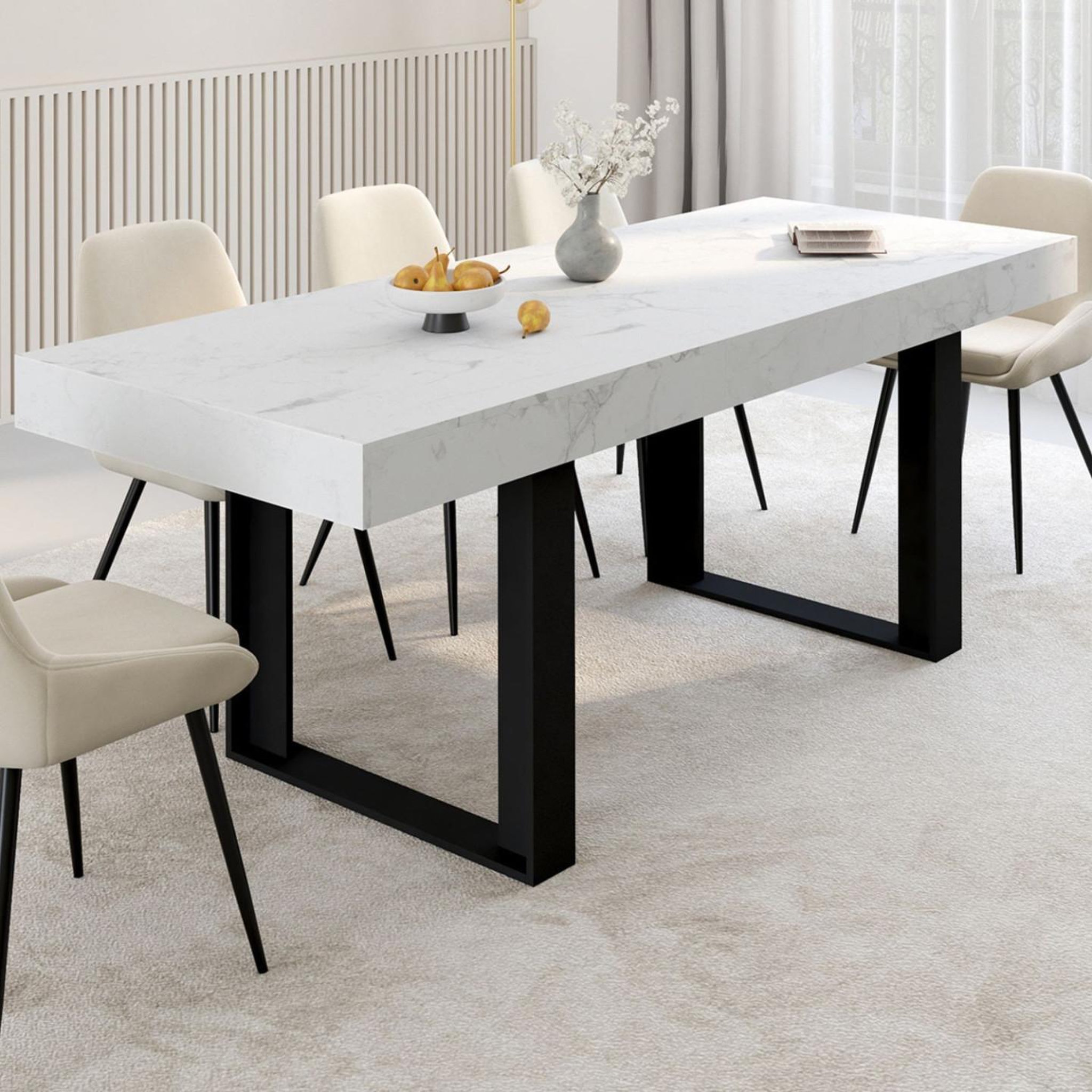 Voir la diapositive 2 : ID MARKET Table à manger extensible rectangle phoenix 4-8 personnes plateau effet marbre blanc alaska 160-200 cm