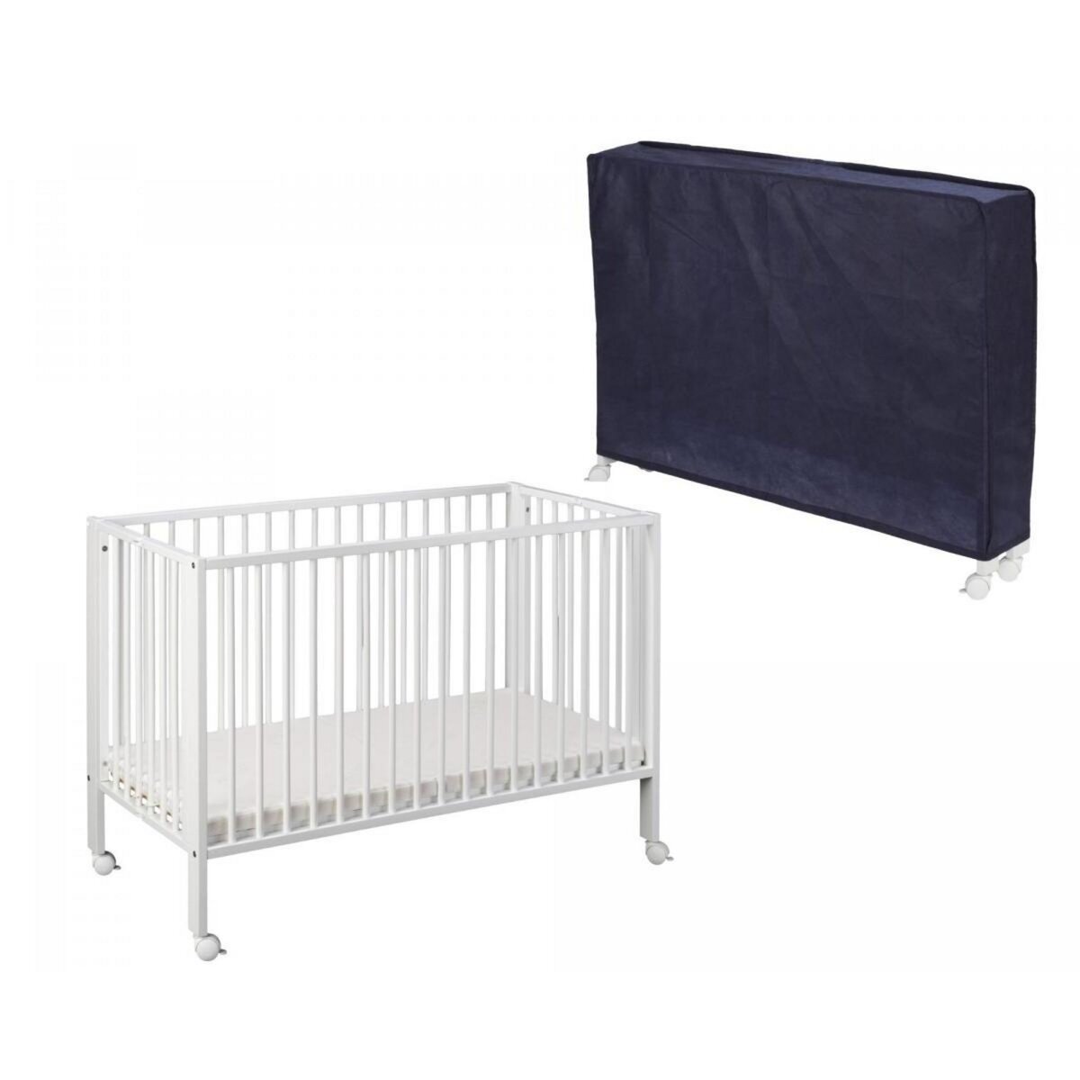 TISSI Lit Pliable Blanc avec Matelas Confortable et Housse de Protection Bleue