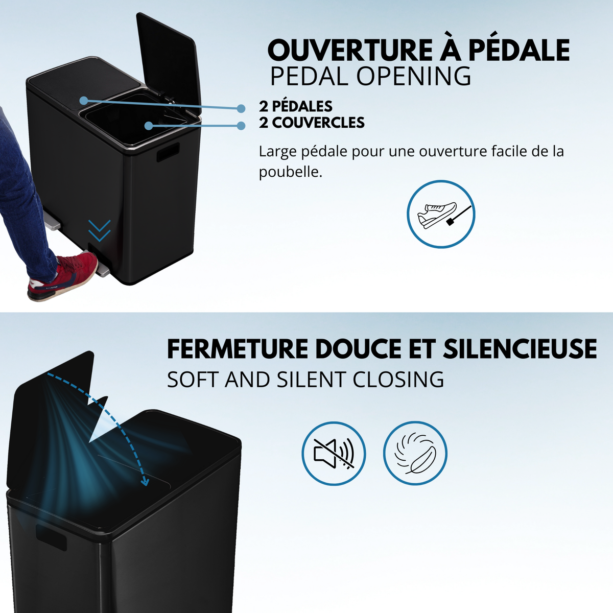 Kitchen move Poubelle de cuisine tri sélectif MAJOR Noir Acier inoxydable 60L