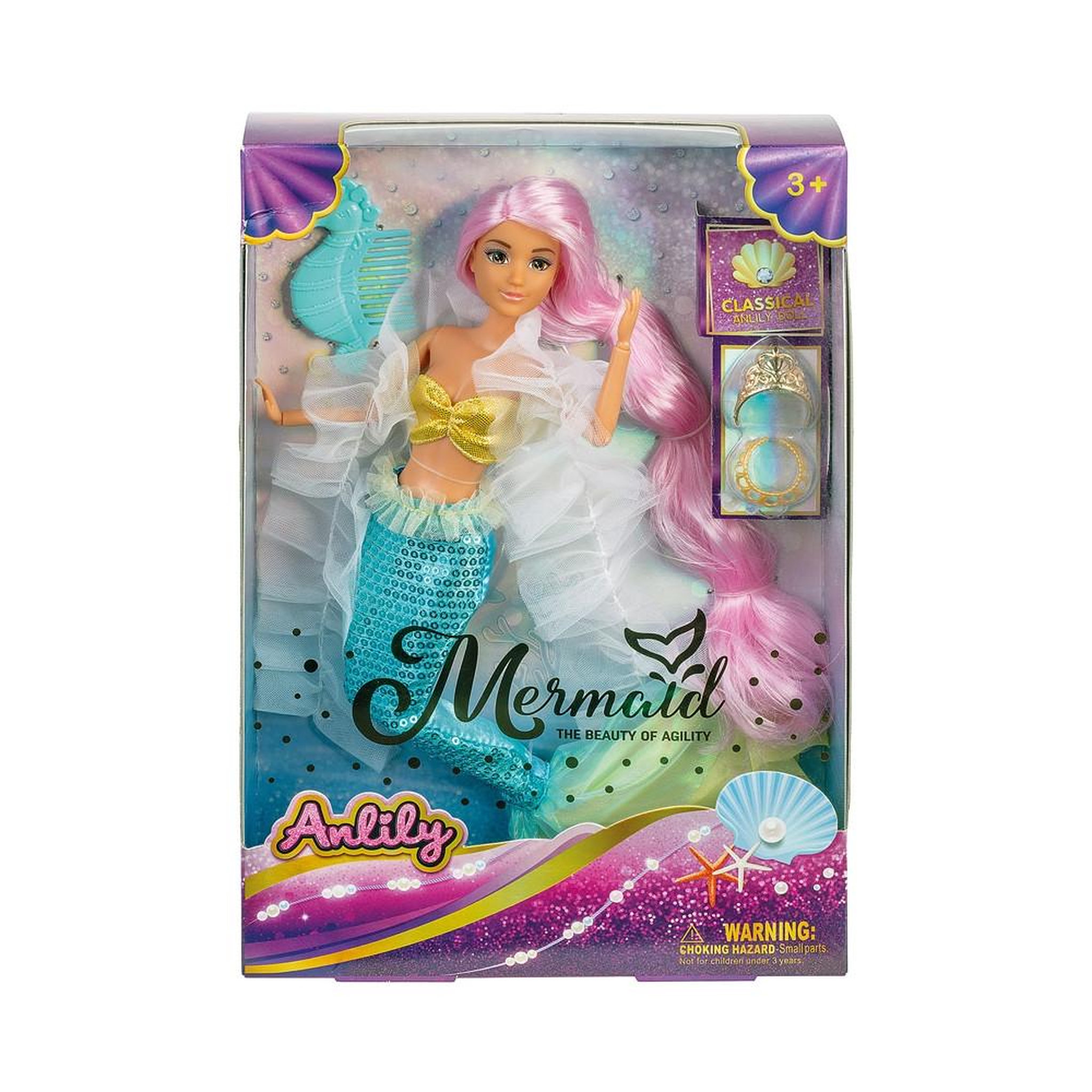 Poupée sirène anlily avec accessoires et tenue turquoise, cheveux rose et blonds dorés, coffret style fonds marins