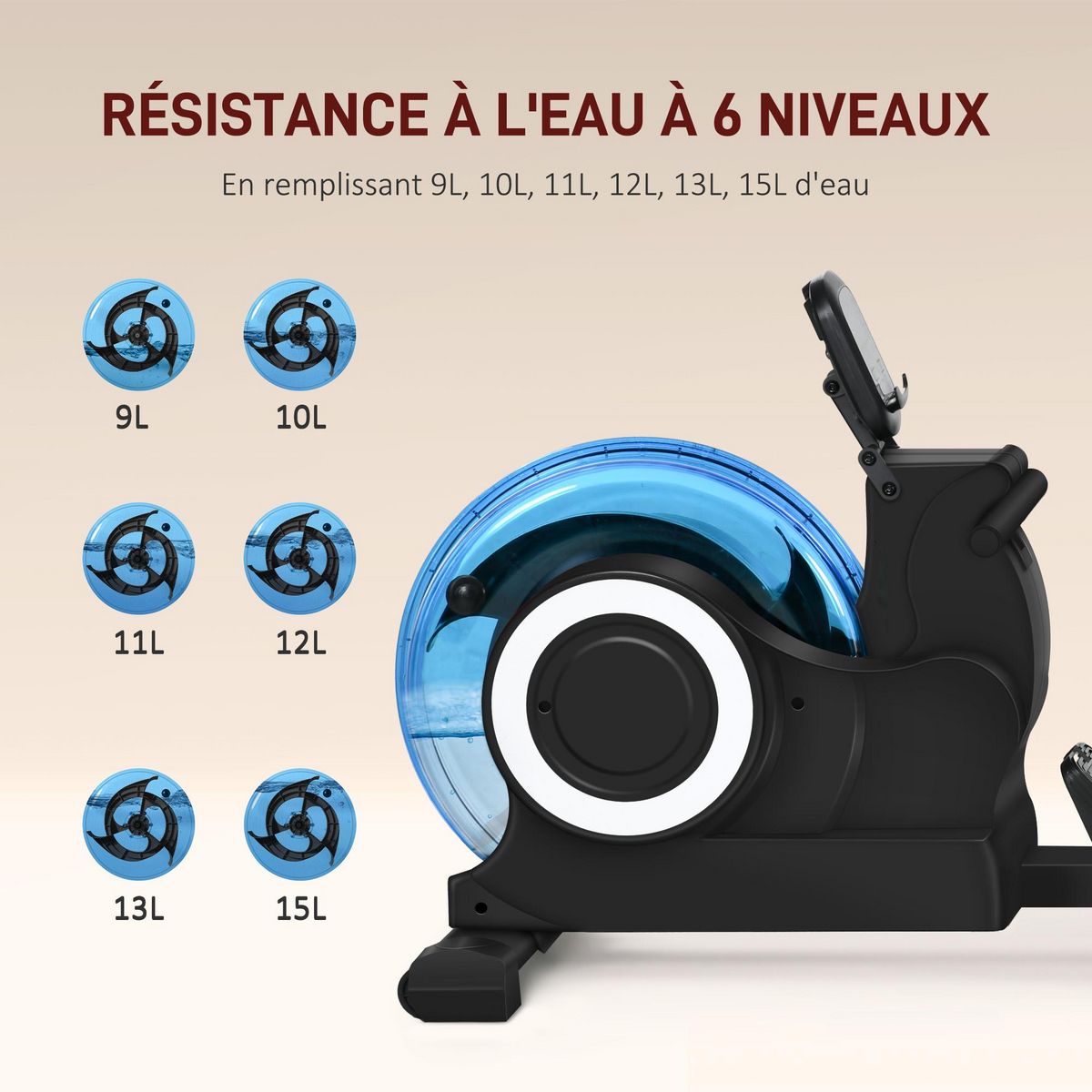 HOMCOM Rameur à eau pliable - rameur d'appartement résistance hydraulique 6 niv. - écran LCD multifonction support iPad - bleu noir