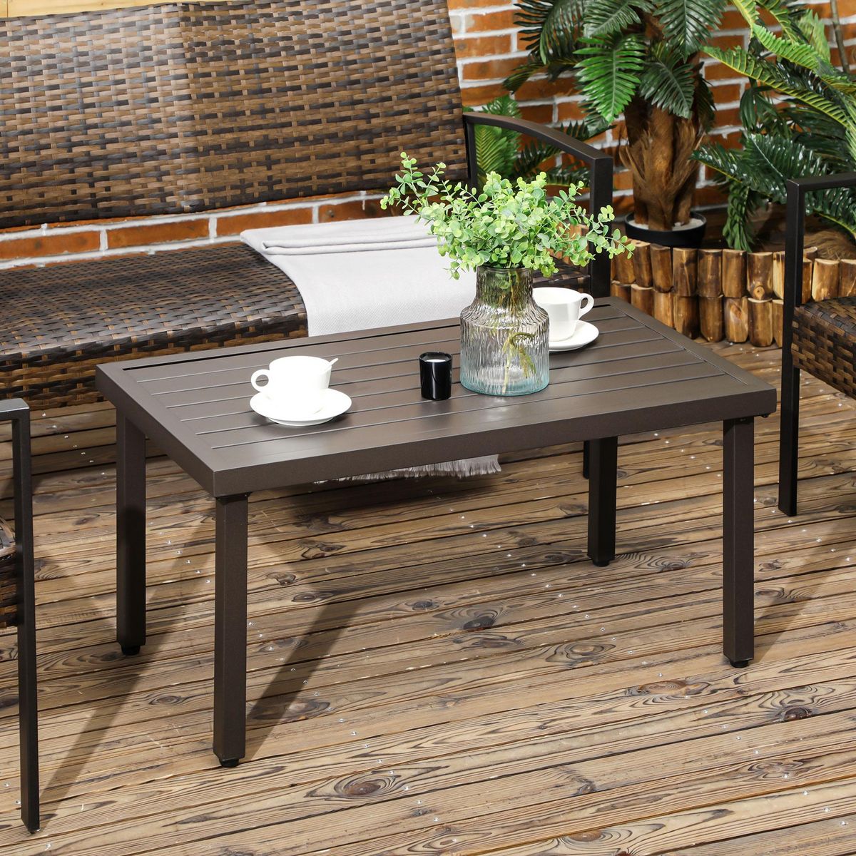 OUTSUNNY Table basse rectangulaire de jardin plateau à lattes pieds réglables dim. 91L x 51l x 46H cm acier marron