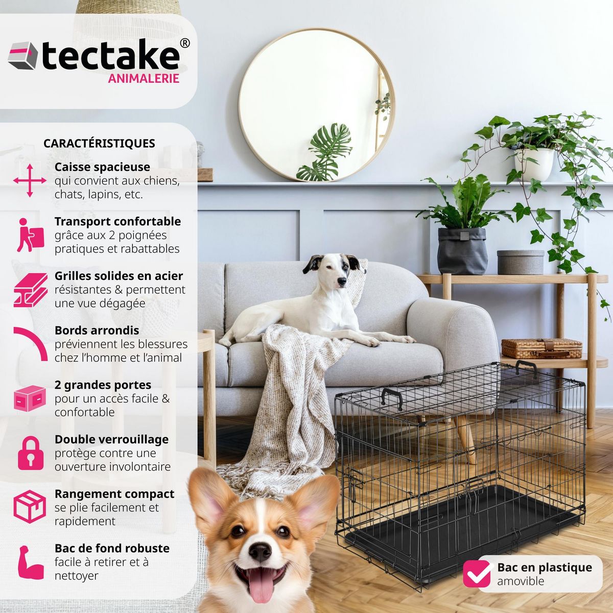 tectake Caisse grillagée pour chien pliable avec 2 poignées de transport noir