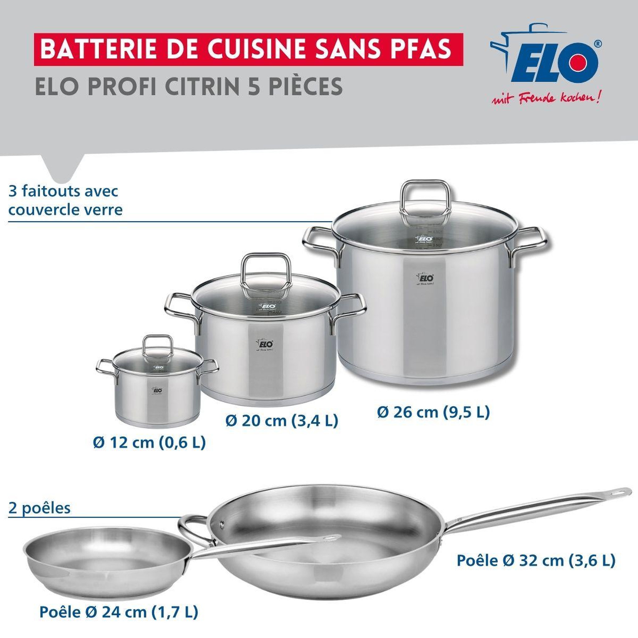 Voir la diapositive 2 : ELO Ensemble de 2 poêles de cuisson 24 et 32 cm et 3 faitouts 12, 20 et 26 cm elo profi citrin