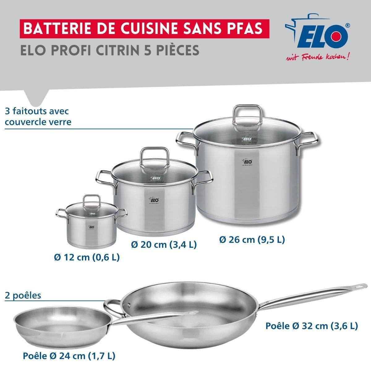 ELO Ensemble de 2 Poêles de cuisson 24 et 32 cm et 3 faitouts 12, 20 et 26 cm Elo Profi Citrin