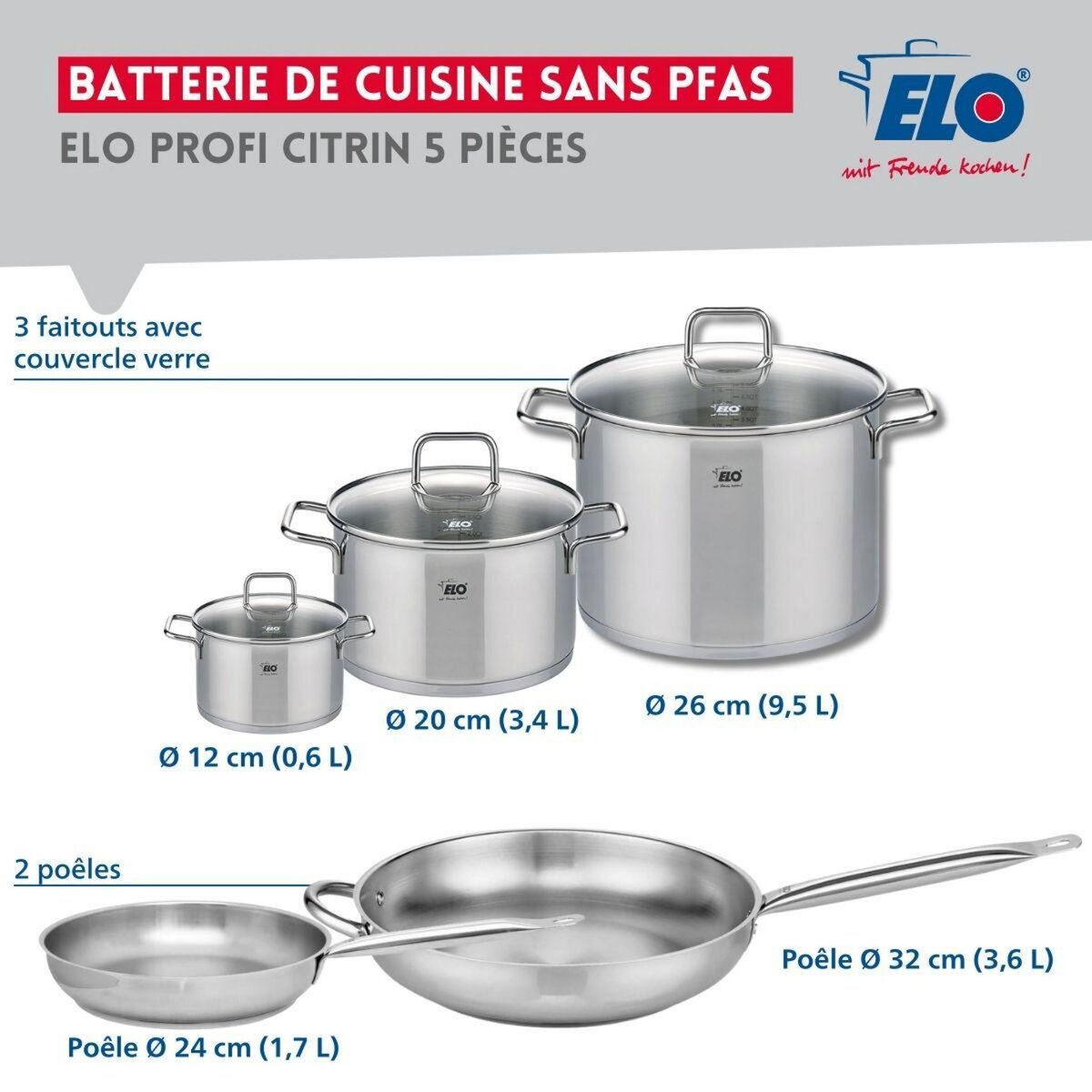 ELO Ensemble de 2 Poêles de cuisson 24 et 32 cm et 3 faitouts 12, 20 et 26 cm Elo Profi Citrin