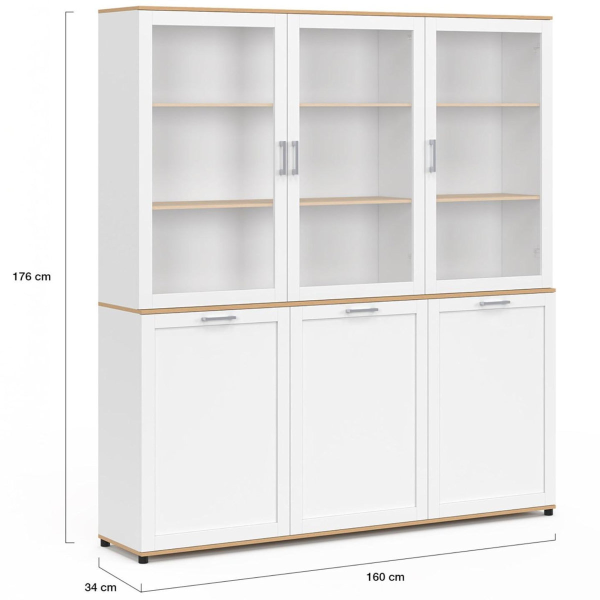 ID MARKET Buffet vaisselier 160 cm VITO meuble de cuisine 6 portes blanc et bois