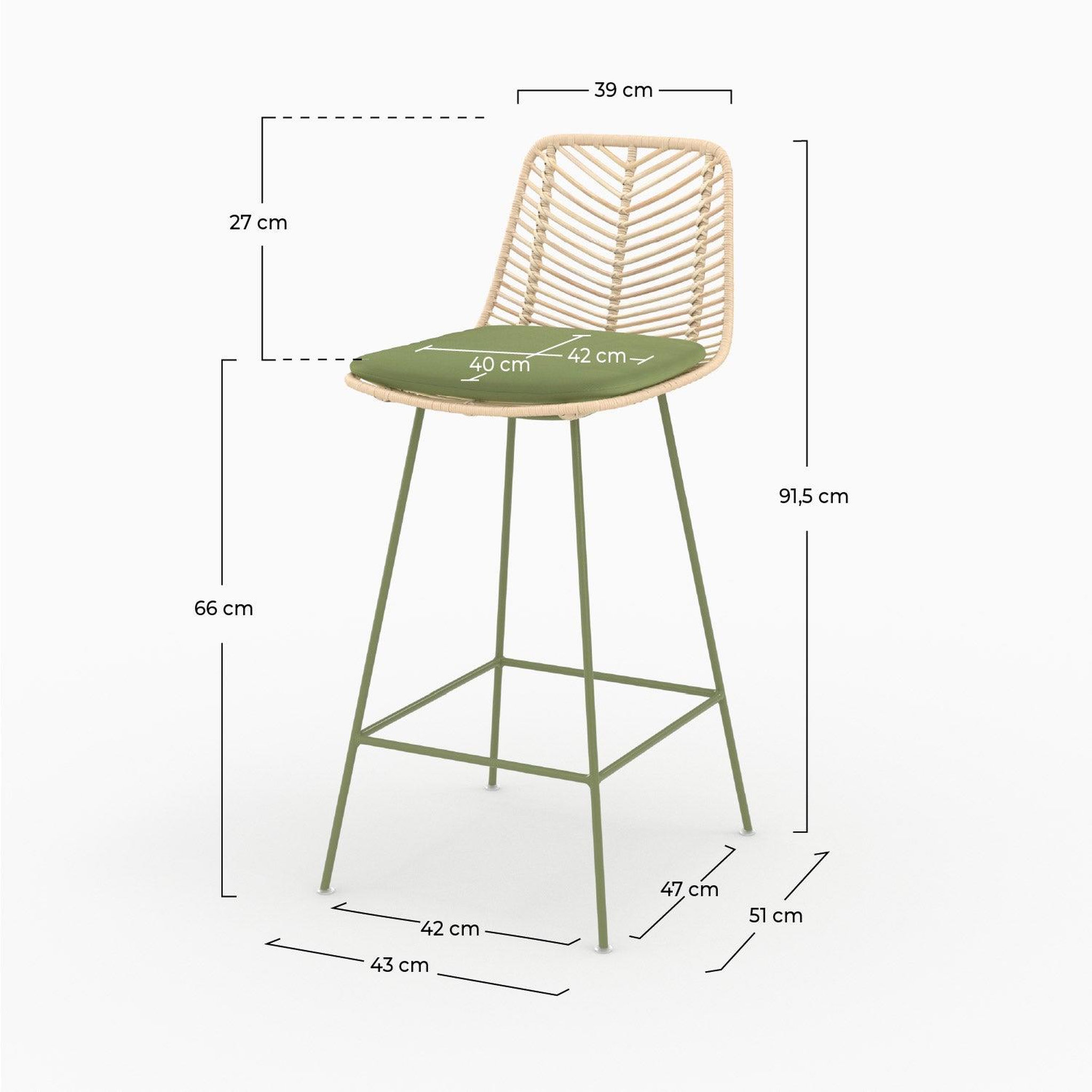 Voir la diapositive 4 : MAISON PAVANE Lot de 2 chaises pour îlot central 66 cm en rotin et tissu vert-tamara