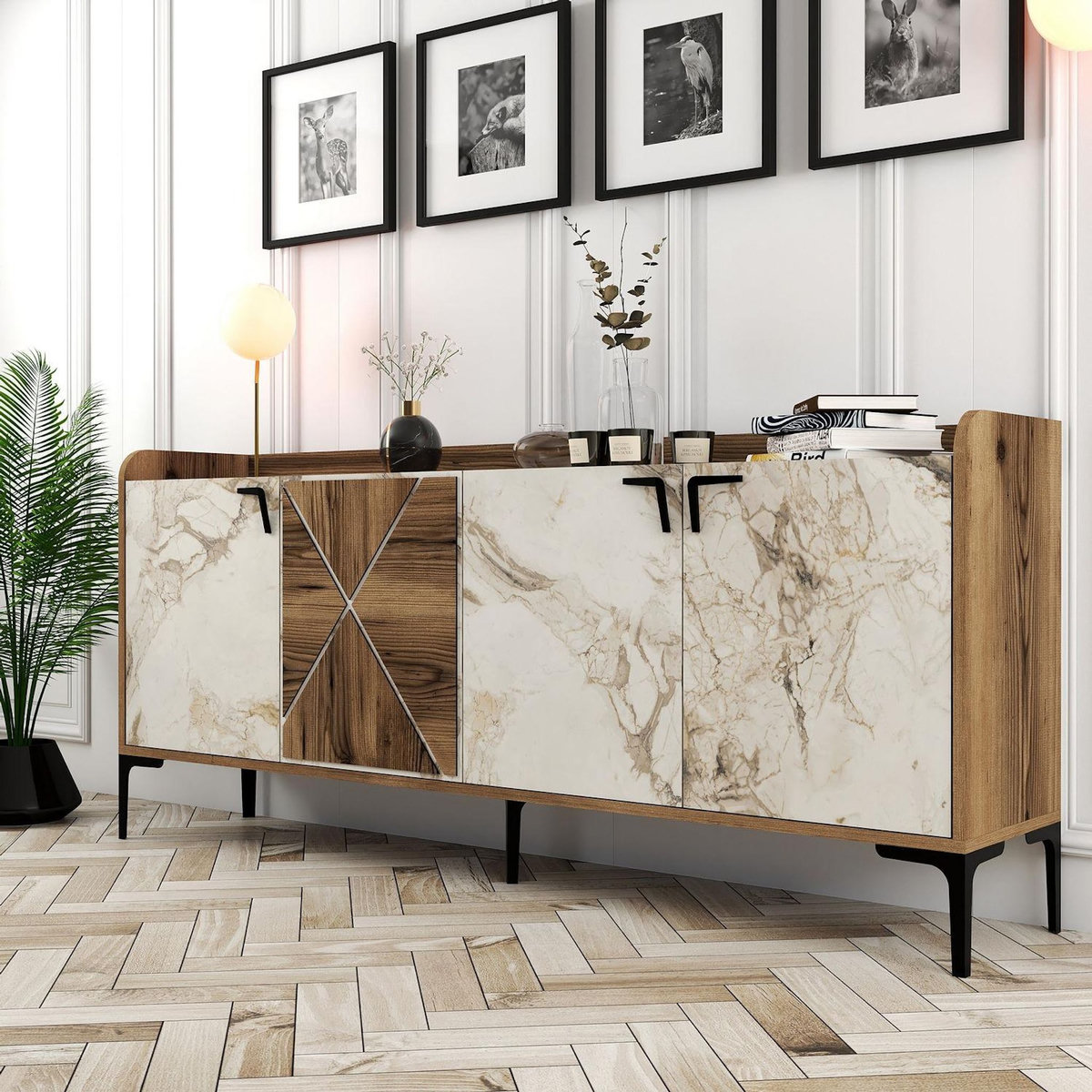 Habitat et Jardin Buffet en bois  Venedik  - 180 x 35 x 78 cm - Blanc marbré