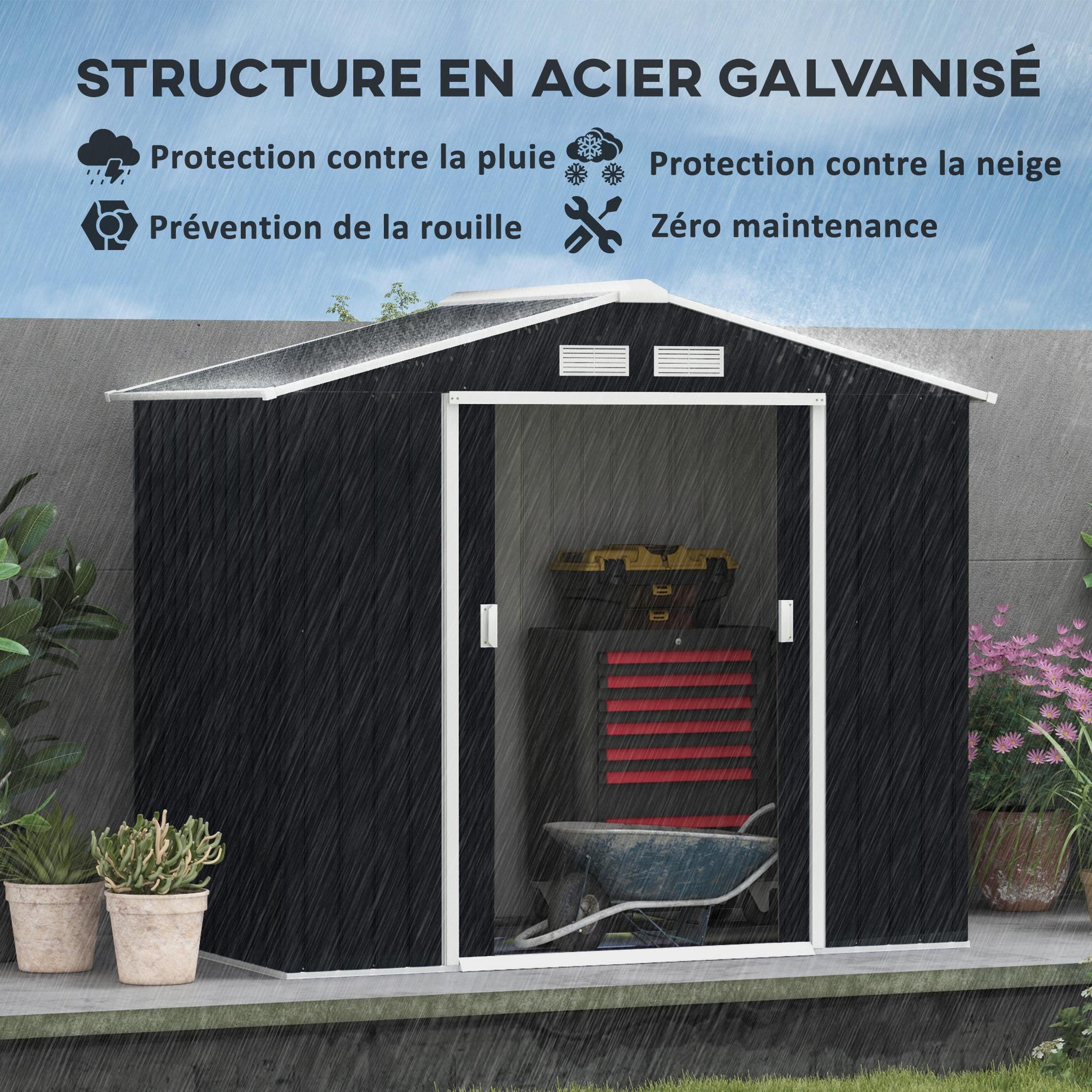 Voir la diapositive 4 : OUTSUNNY Abri de jardin - remise pour outils - cabanon porte verrouillable - dim. 213L x 130l x 185H cm - tôle d'acier gris