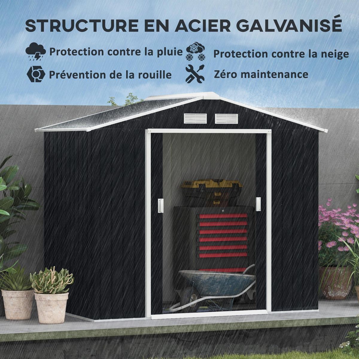 OUTSUNNY Abri de jardin - remise pour outils - cabanon porte verrouillable - dim. 213L x 130l x 185H cm - tôle d'acier gris