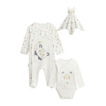 Petit Béguin Kit naissance 3 pièces pyjama, body et doudou bébé Baby Panda. Coloris disponibles : Beige