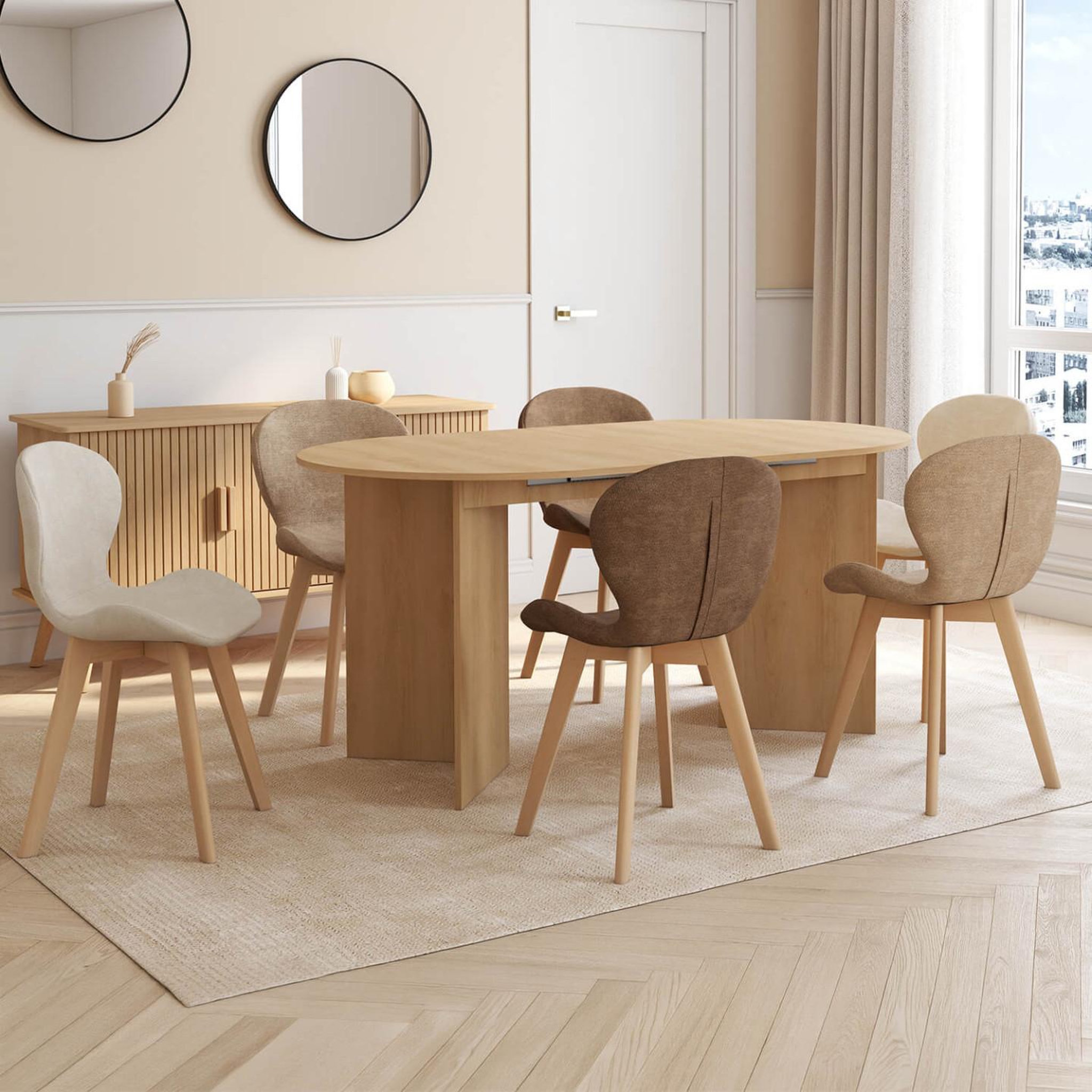 Voir la diapositive 2 : ID MARKET Lot de 6 chaises robine en tissu chenille mix color taupe x2, beige x2, marron x2