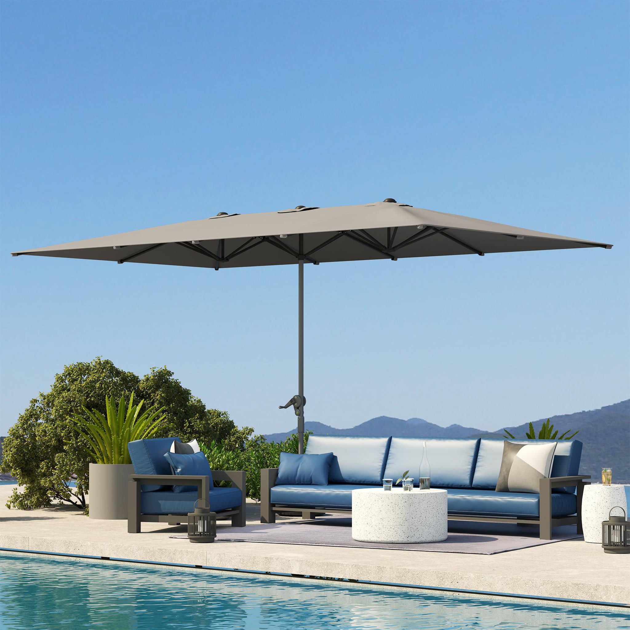 Voir la diapositive 4 : OUTSUNNY Parasol de jardin grande taille dim. 4,51 x 2,64 m manivelle alu métal polyester haute densité UPF 50+ gris