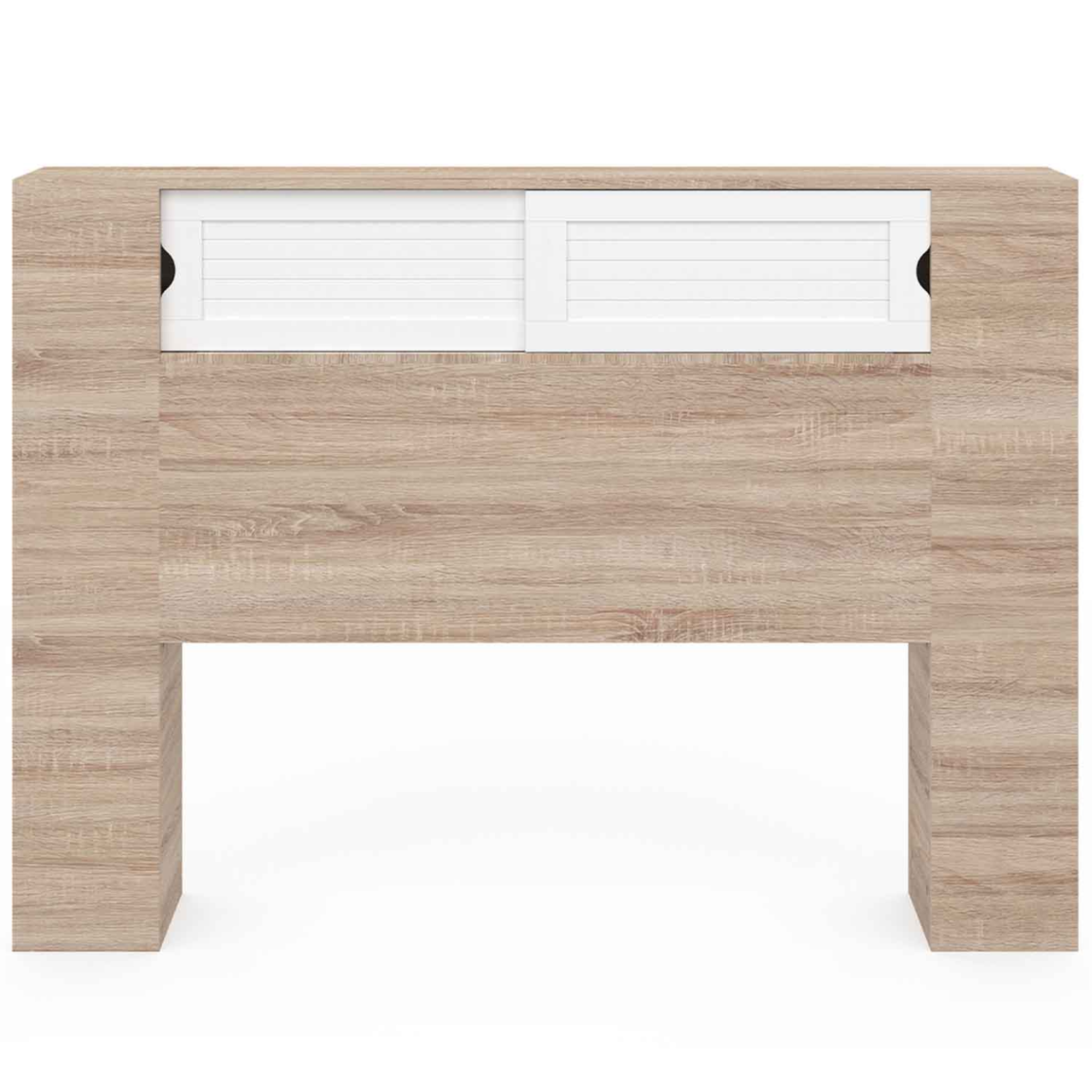 Voir la diapositive 3 : ID MARKET Tête de lit sur pied salem 145 cm avec rangements fermés et niches bois et blanc