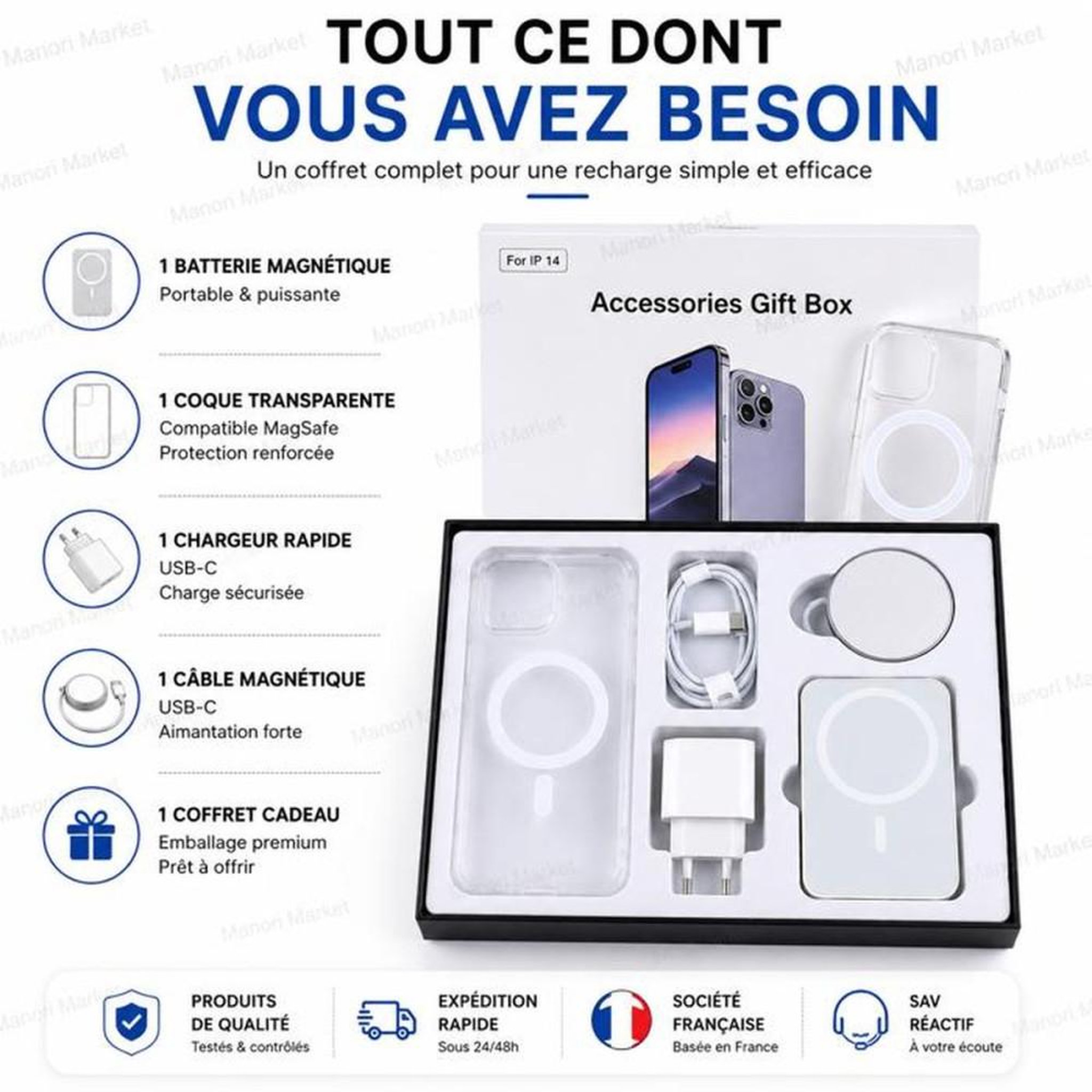 Voir la diapositive 3 : Coffret accessoires MagSafe 5-en-1 iPhone 13/14 avec power bank 5000 mAh, chargeur 20W, charge magnétique sans fil et coque transparente