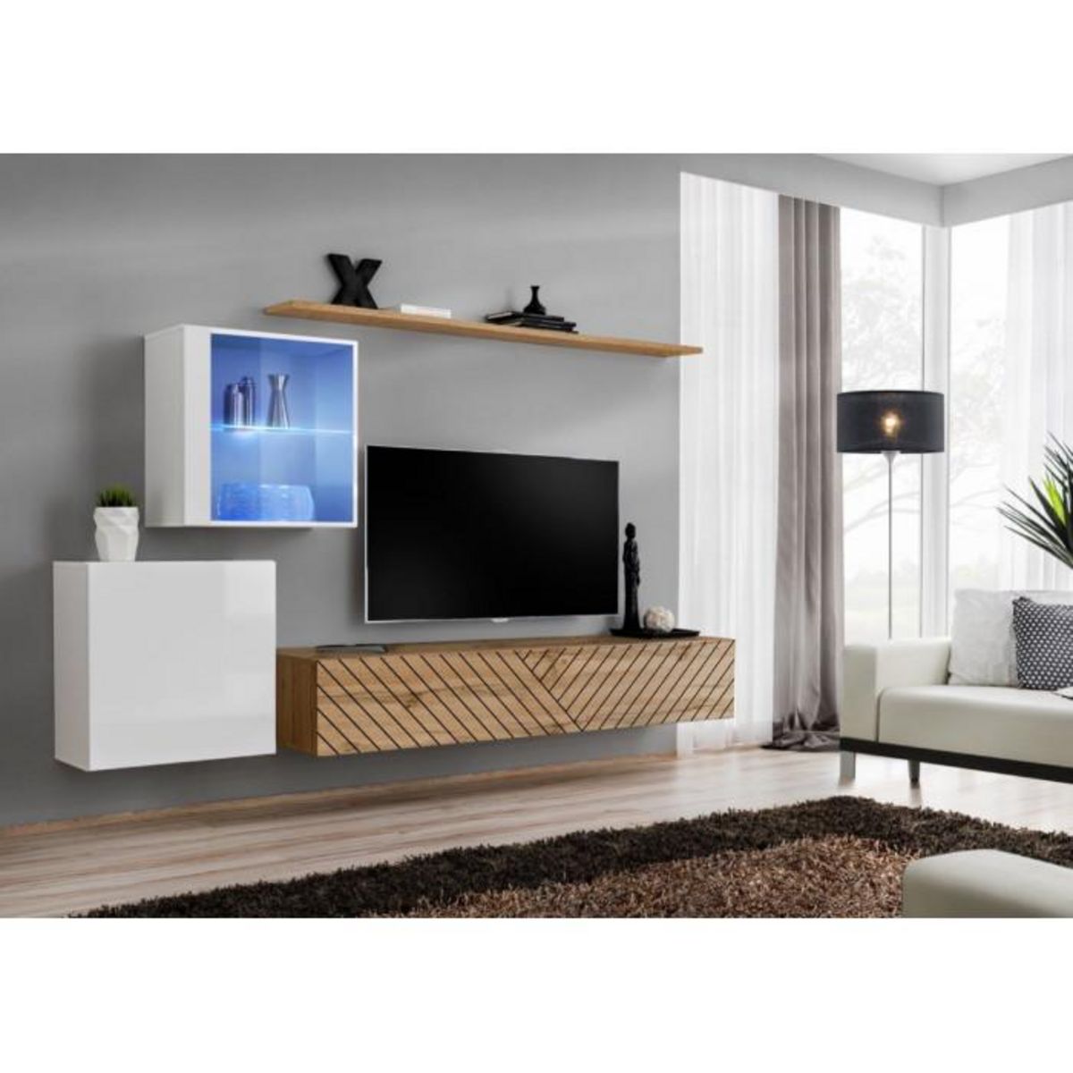 Paris Prix Ensemble Meuble TV  Switch Lamel XV  260cm Naturel & Blanc