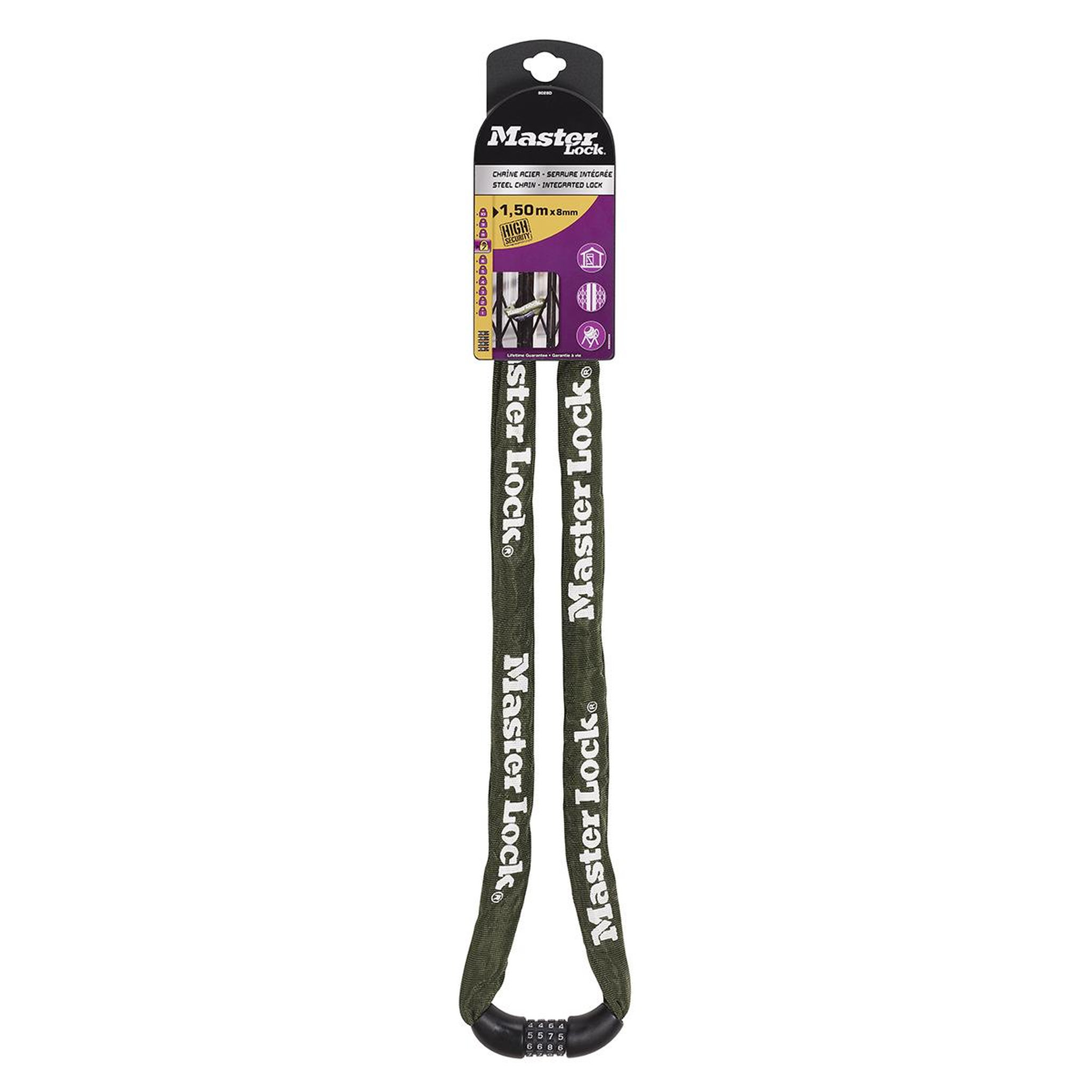 Master lock 8028eurd, chaîne antivol vélo avec combinaison à 4 chiffres, 150 cm chaîne, vert