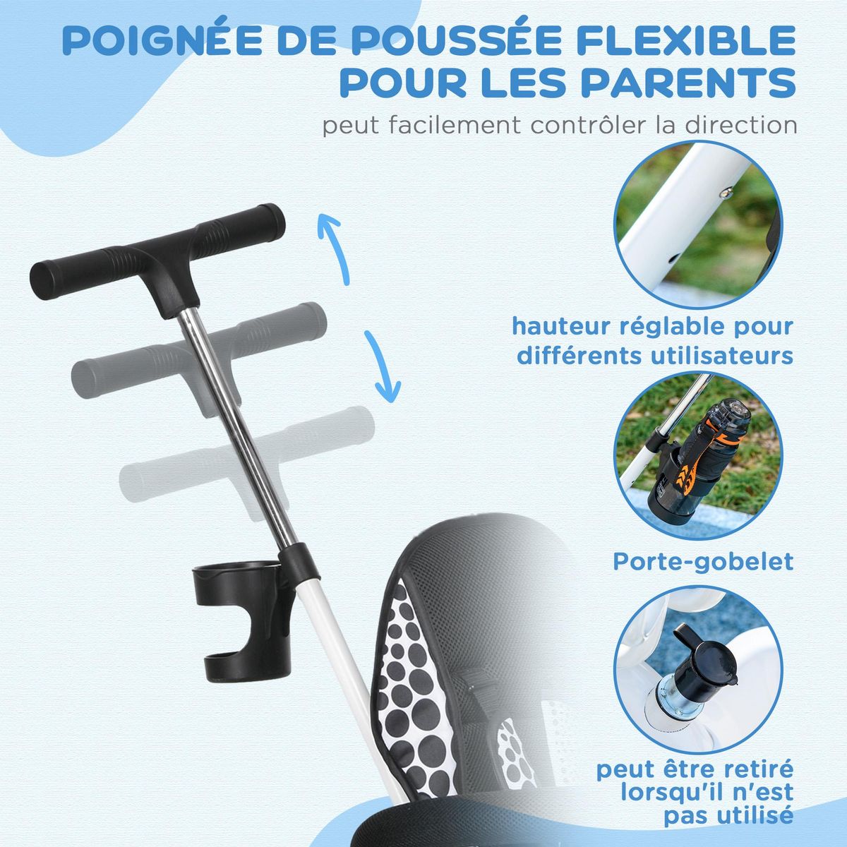 HOMCOM Tricycle enfant pare-soleil pliable canne amovible benne rangement acier blanc noir