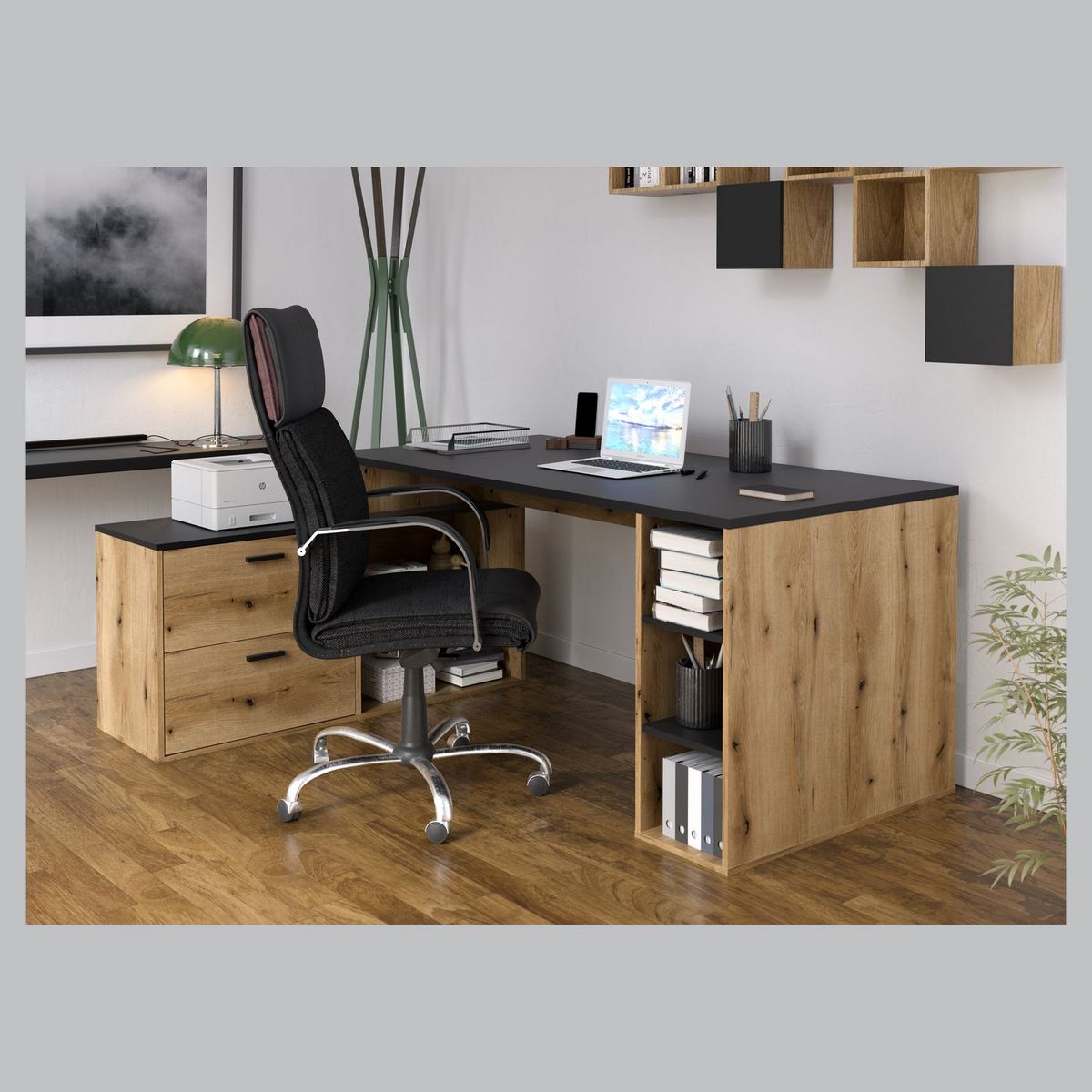 Bureau d'angle 3 tiroirs et rangements L183cm ESTEBAN