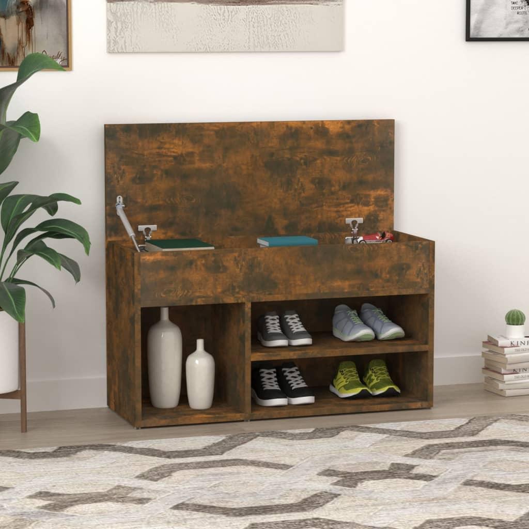 Voir la diapositive 1 : VIDAXL Banc a chaussures Chene fume 80x30x45 cm Bois d'ingenierie