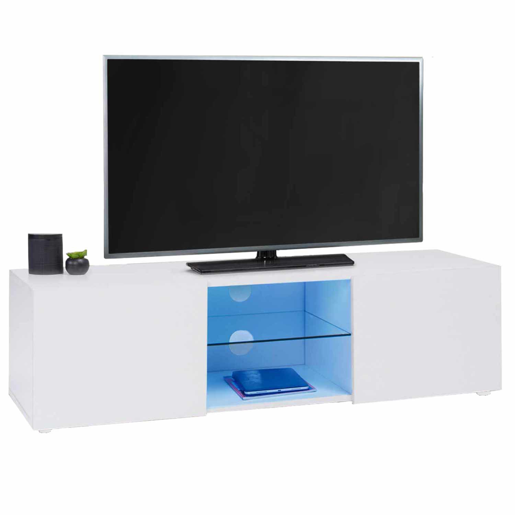 ID MARKET Meuble tv 113 cm eli blanc étagère en verre avec led