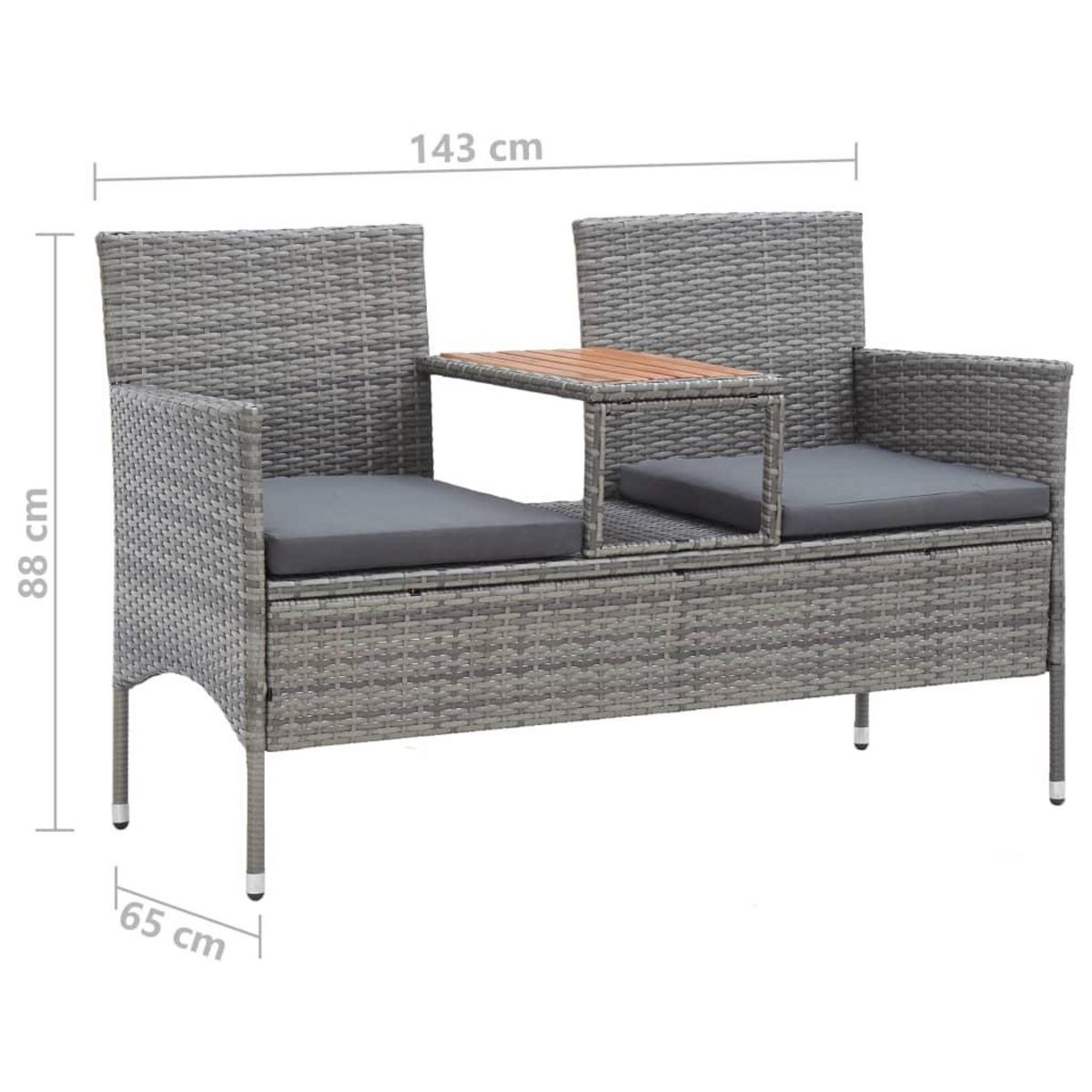 VIDAXL Banc de jardin 2 places et table a the 143 cm poly rotin gris