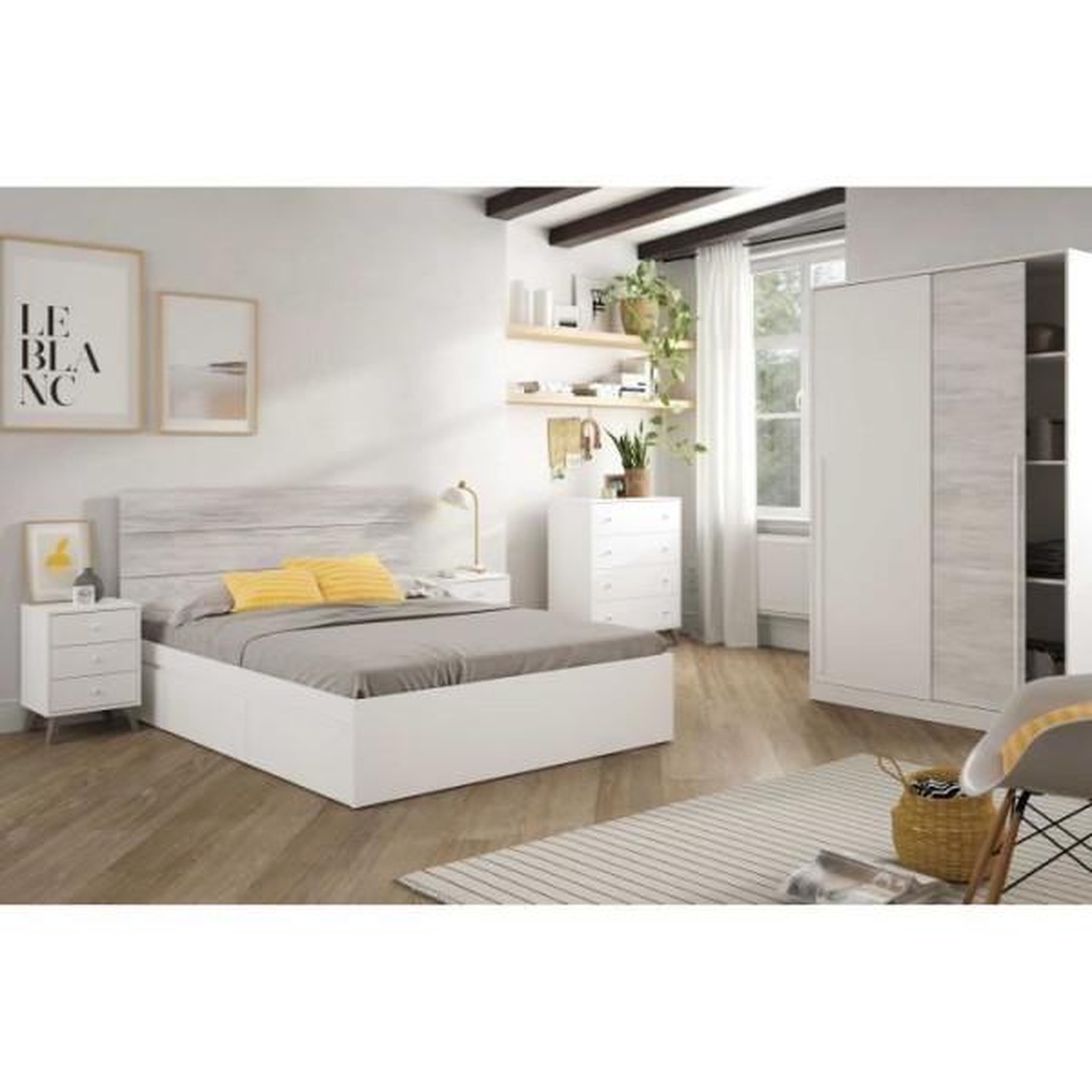 Voir la diapositive 2 : MARKET24 Armoire TOP - Décor blanc artik et chene nodi - 2 Portes coulissantes - L200 x H121 x P50 cm