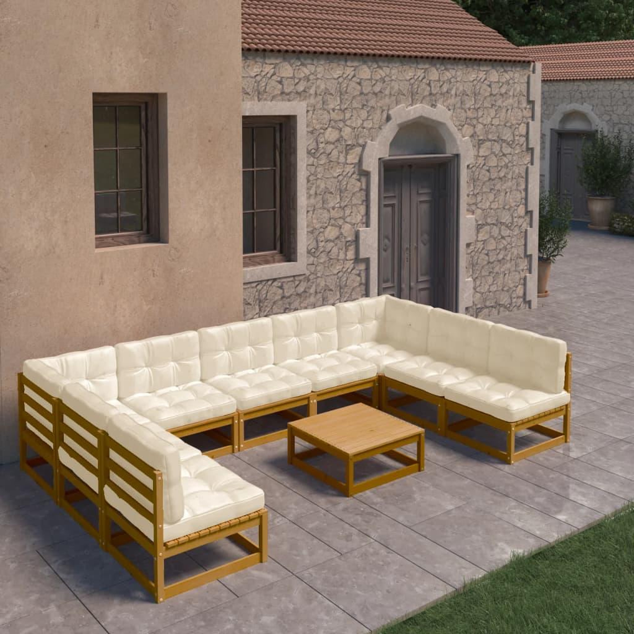 Voir la diapositive 1 : VIDAXL Salon de jardin 10 pcs avec coussins Marron miel Bois de pin