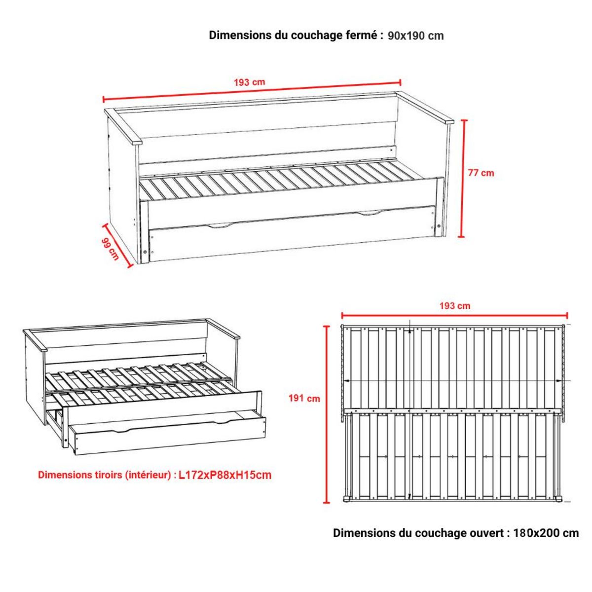 Lit banquette gigogne couchage 90x190cm ALVIN