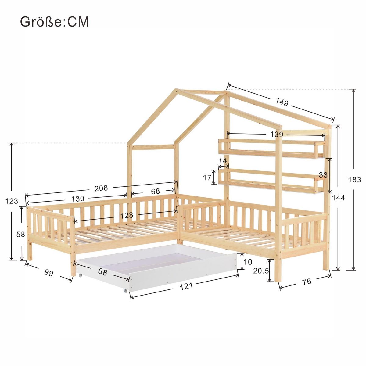 MERAX Lit cabane enfant 90x200(70x140)cm pin coloris naturel