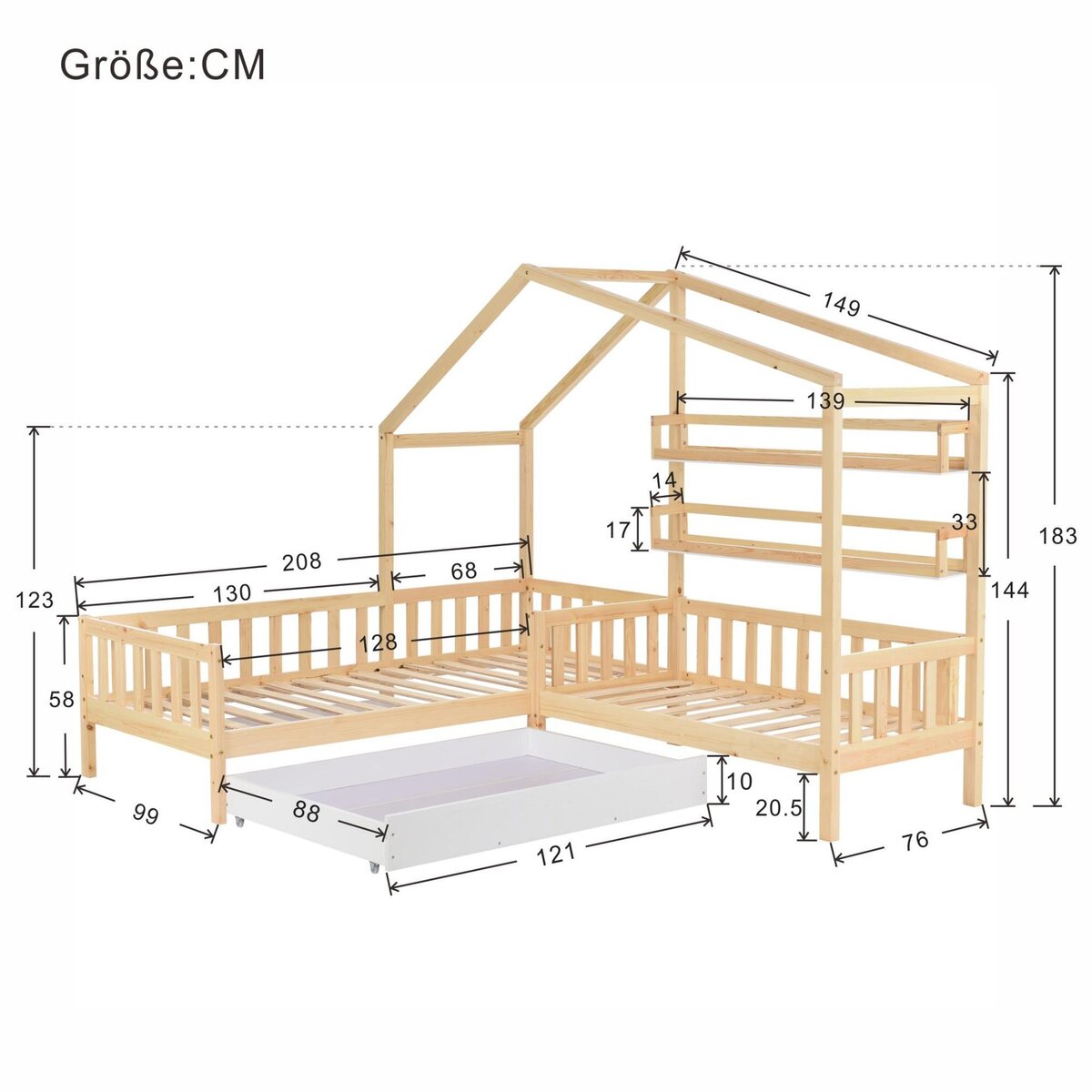 MERAX Lit cabane enfant 90x200(70x140)cm pin coloris naturel