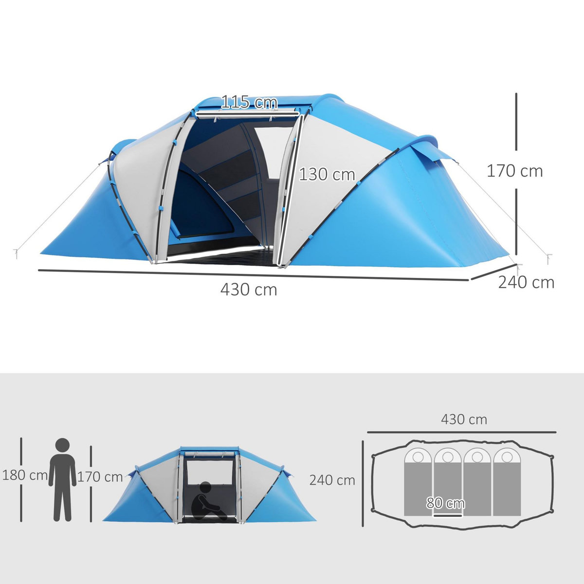 OUTSUNNY Tente de camping familiale 4-6 personnes 2 cabines fenêtre grande porte 4,3L x 2,4l x 1,7H m bleu blanc