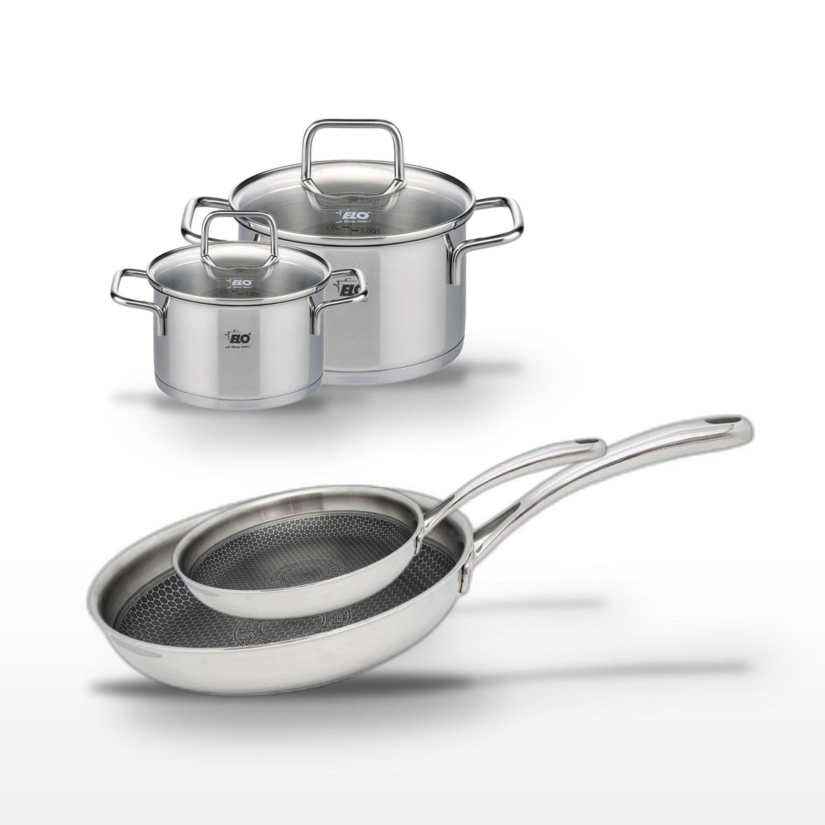 ELO Lot Poêles 28cm & 24cm Elo Relief Evolution et Faitouts 16cm & 12cm
